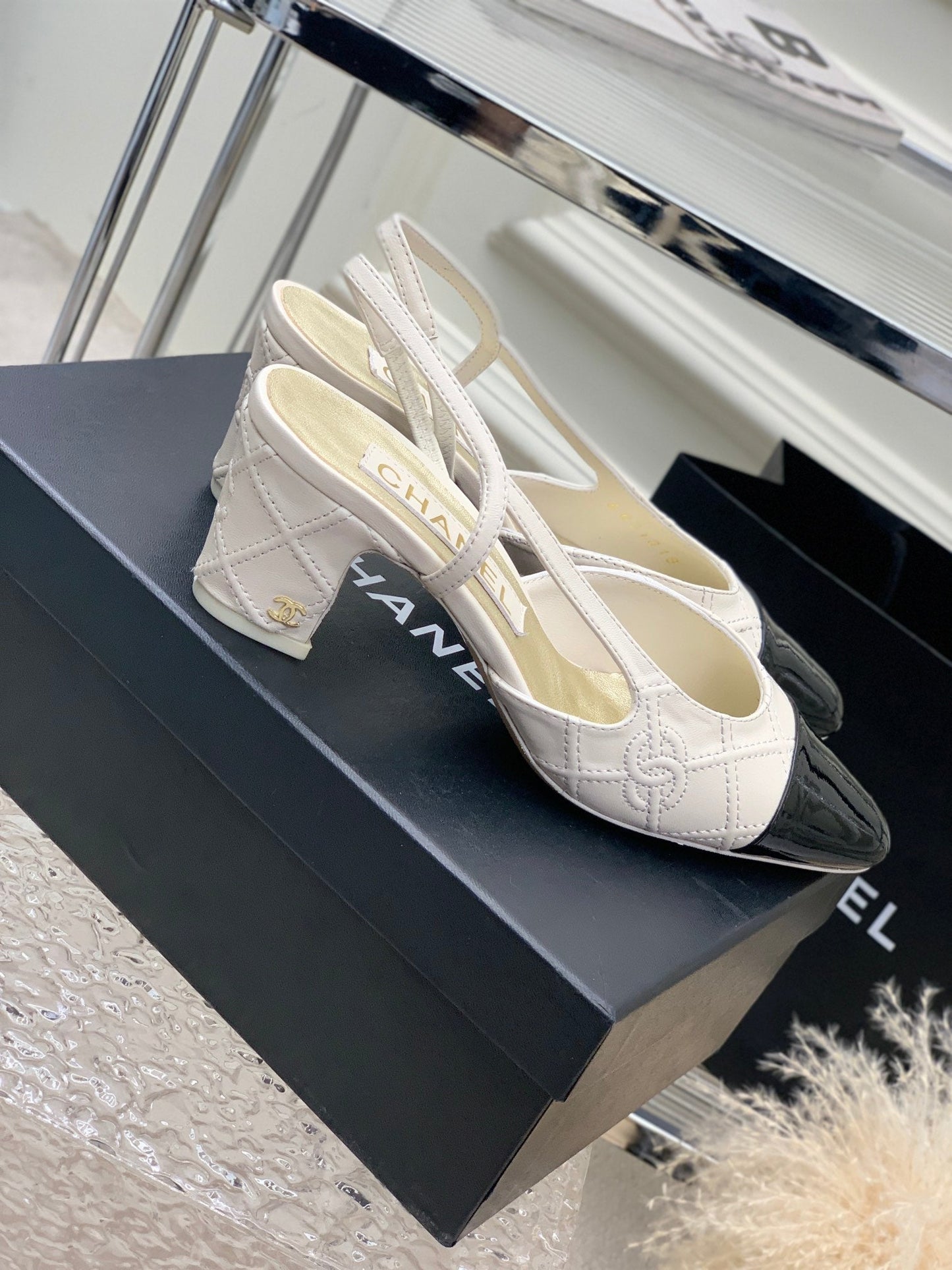 HIGH SLINGBACKS 65 WHITE MIX BLACK CALFSKIN - 35