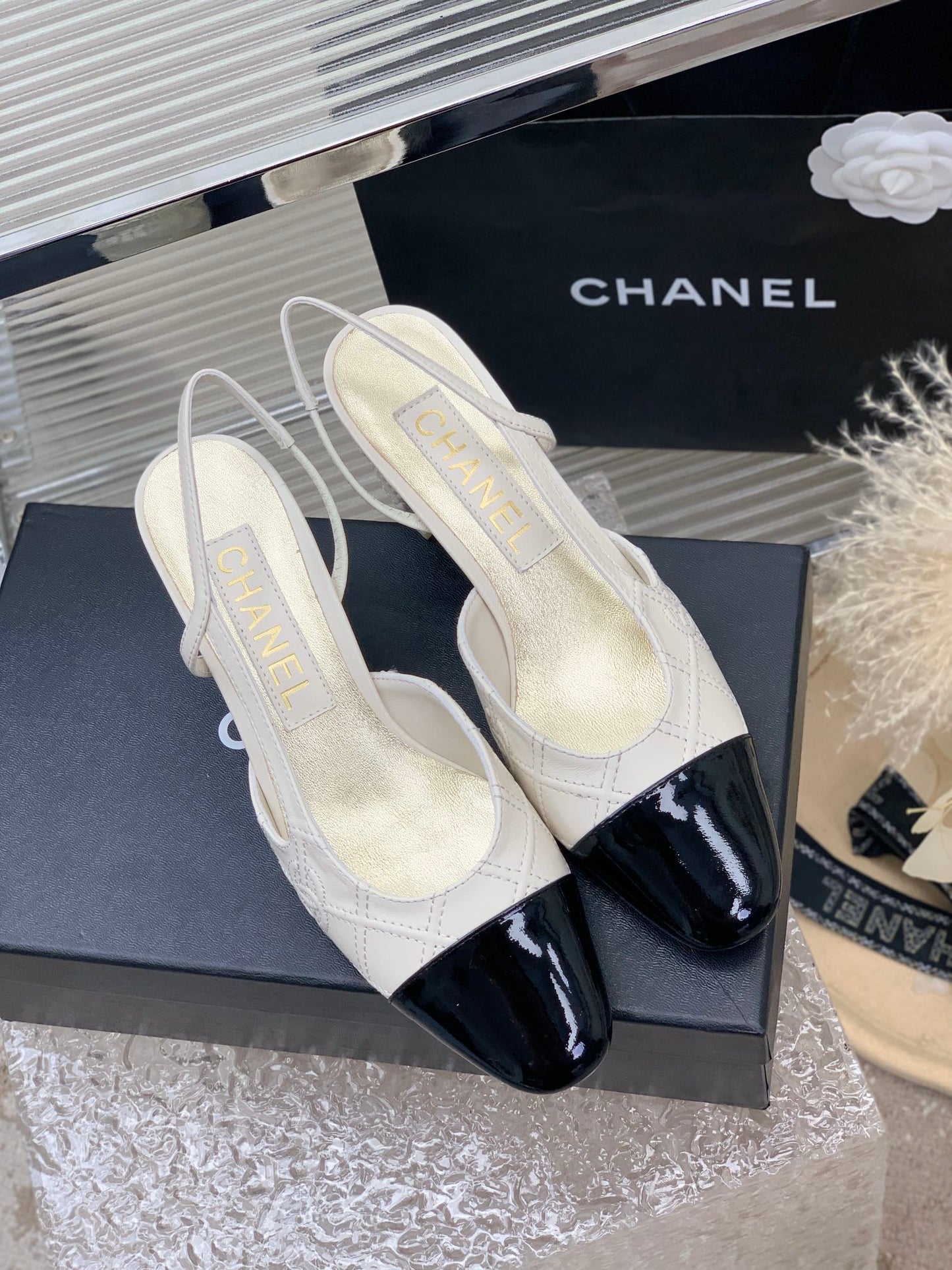 HIGH SLINGBACKS 65 WHITE MIX BLACK CALFSKIN - 35