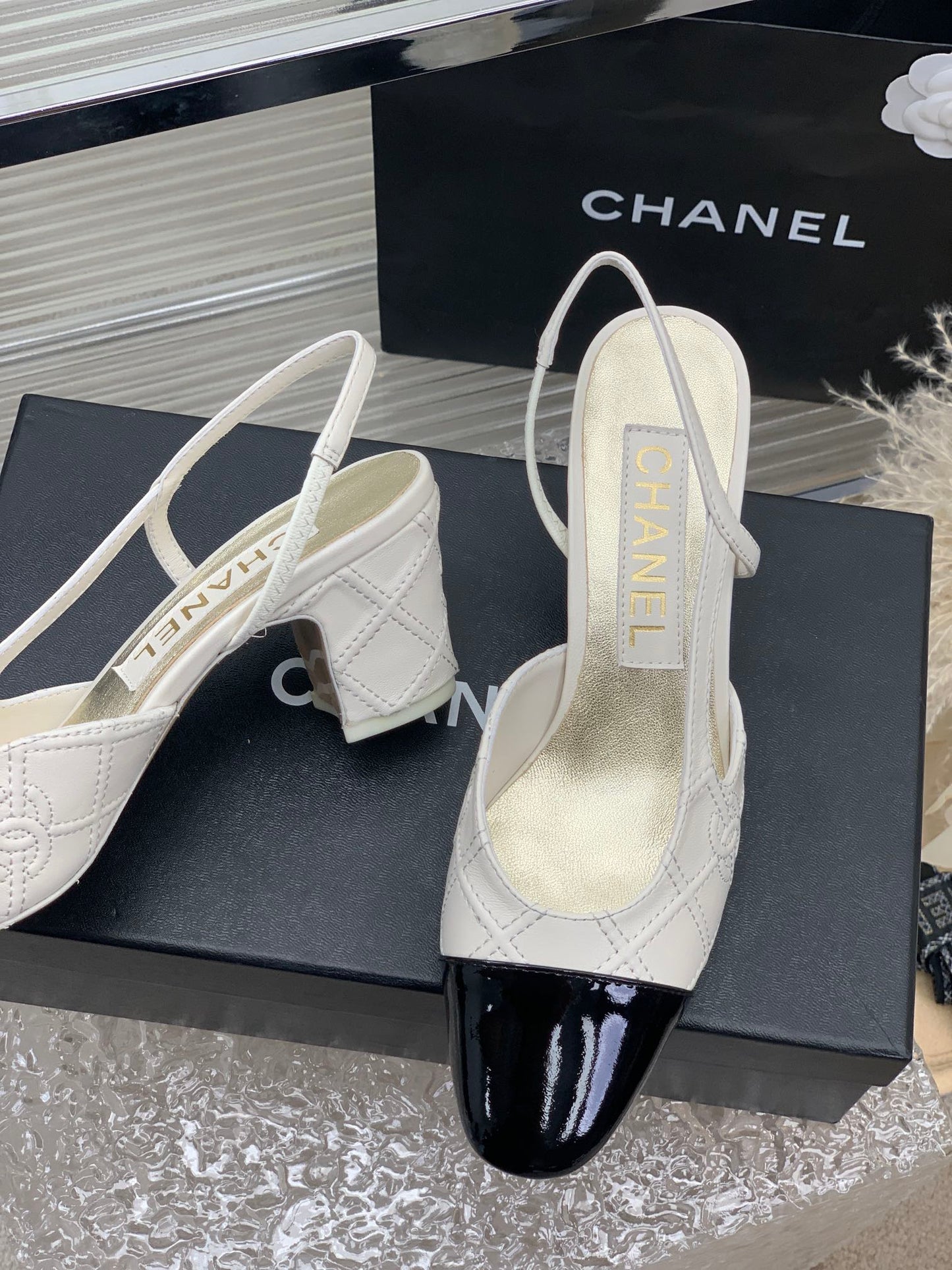 HIGH SLINGBACKS 65 WHITE MIX BLACK CALFSKIN - 35