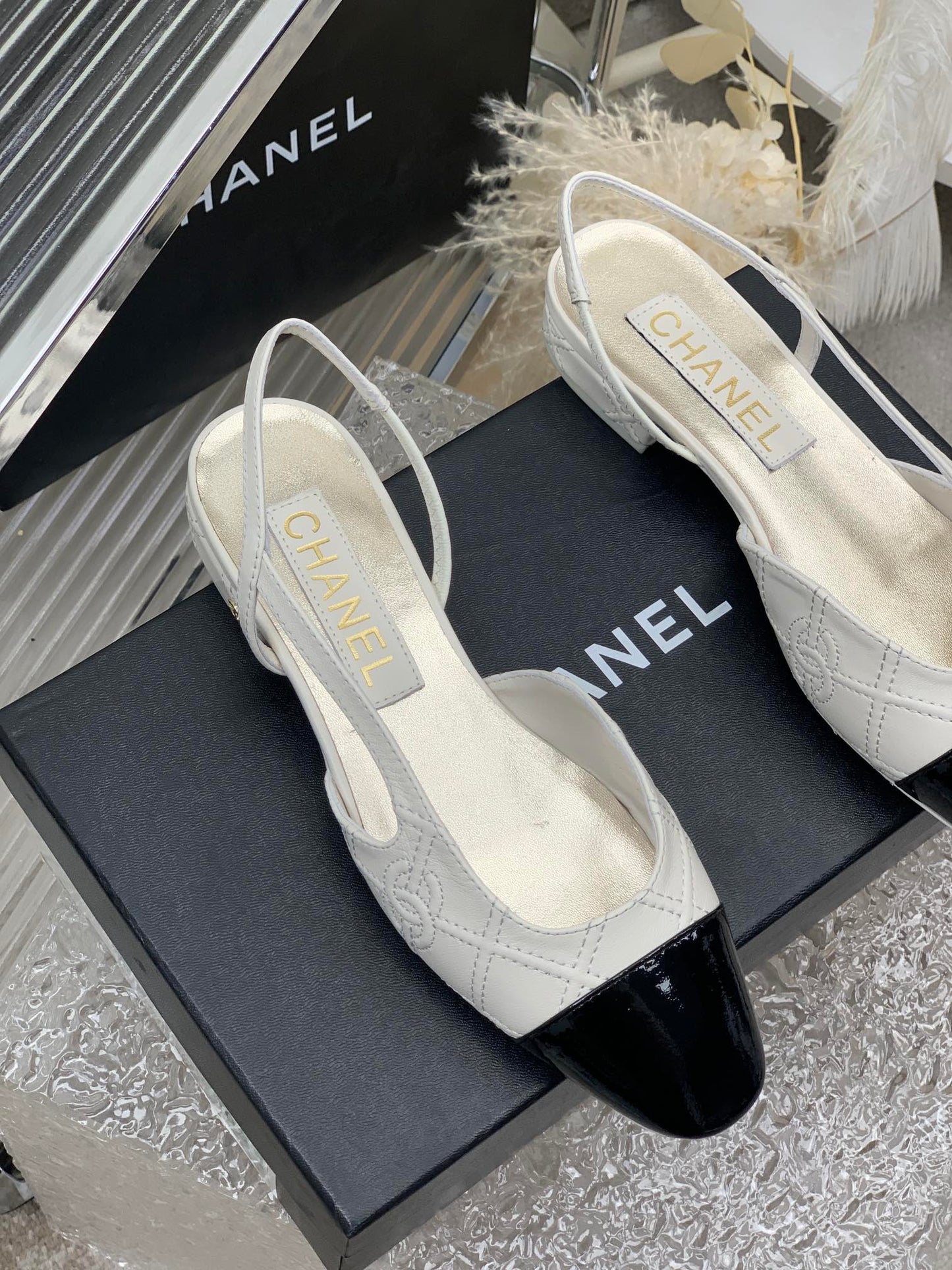 SLINGBACKS 20 WHITE MIX BLACK CALFSKIN - 35