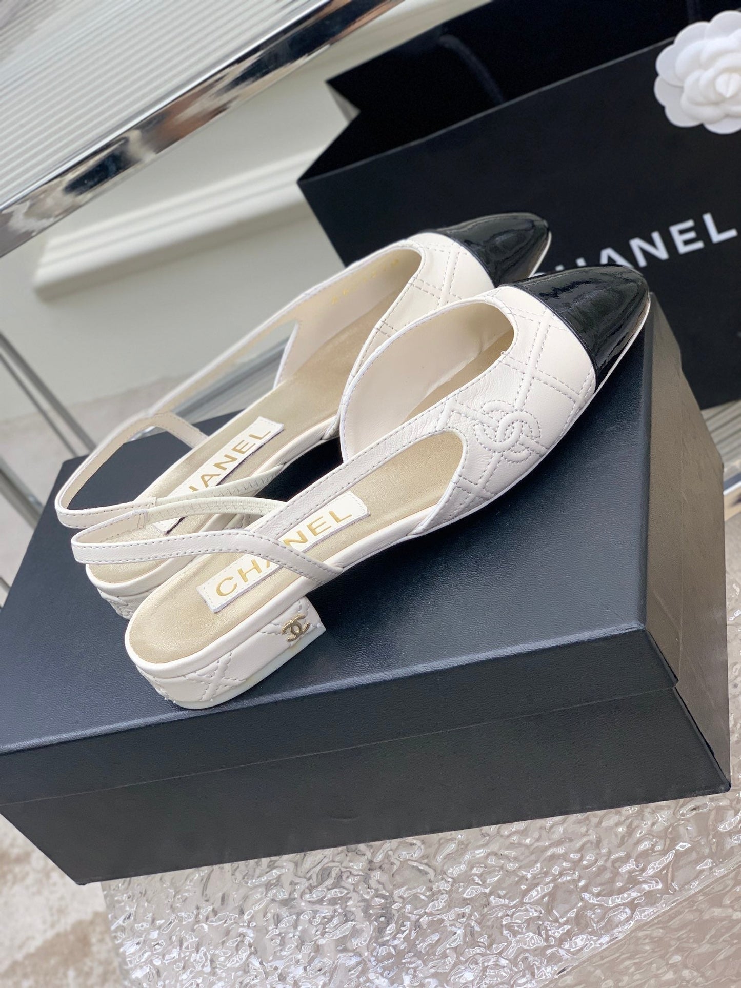 SLINGBACKS 20 WHITE MIX BLACK CALFSKIN - 35