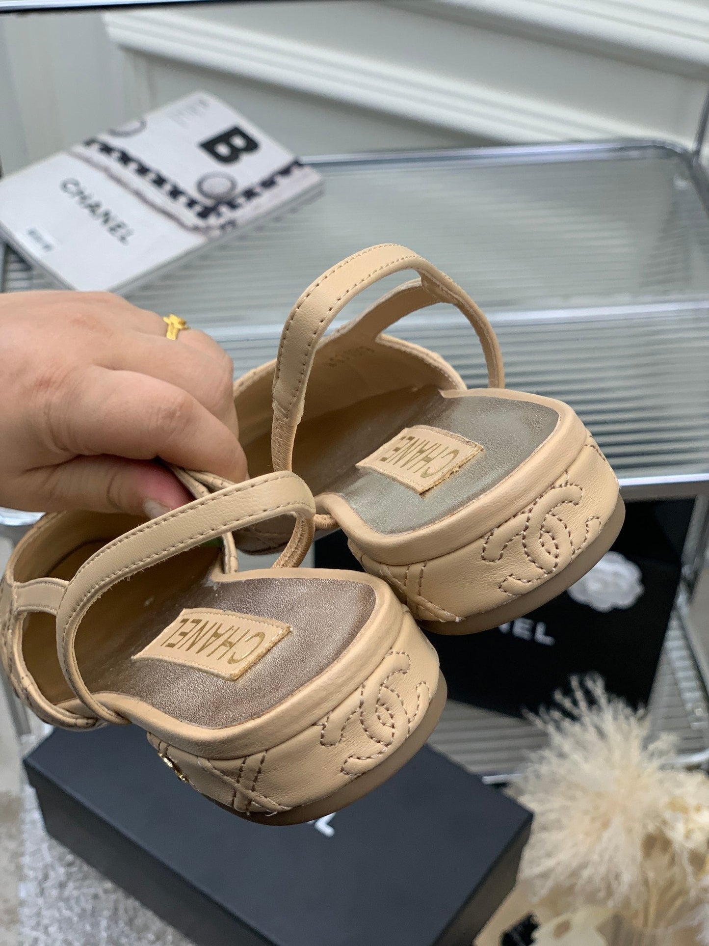 SLINGBACKS 20 BEIGE CREAM MIX BLACK CALFSKIN - 35