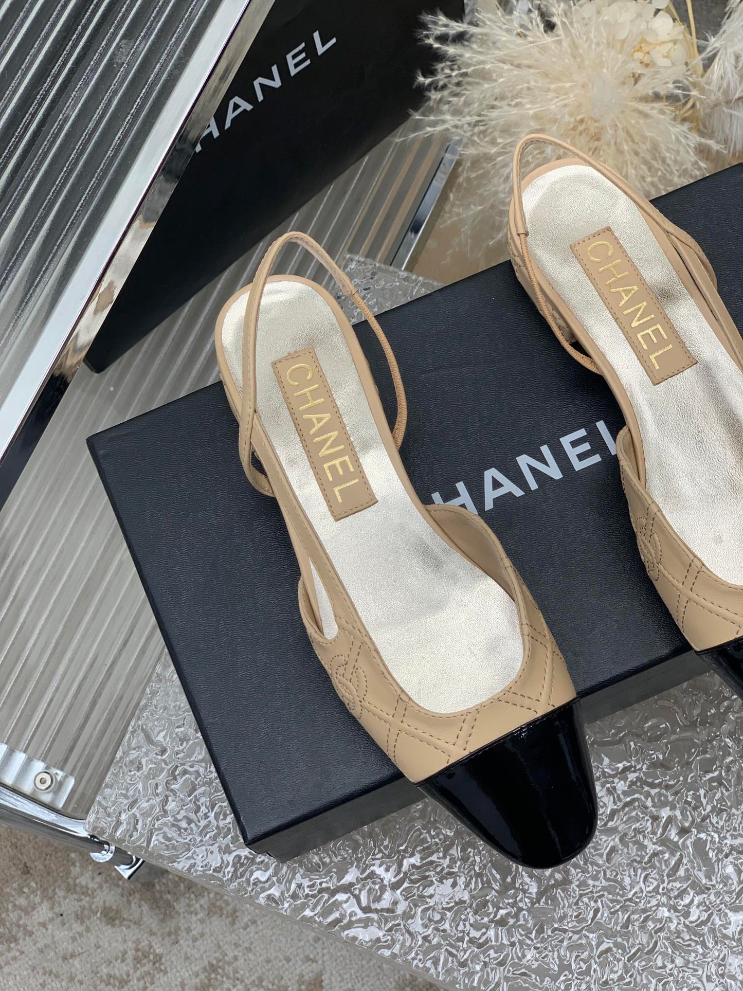SLINGBACKS 20 BEIGE CREAM MIX BLACK CALFSKIN - 35