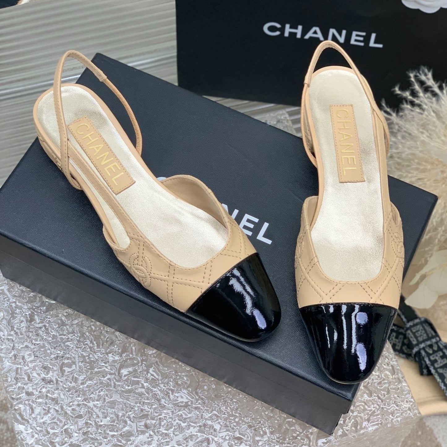 SLINGBACKS 20 BEIGE CREAM MIX BLACK CALFSKIN - 35