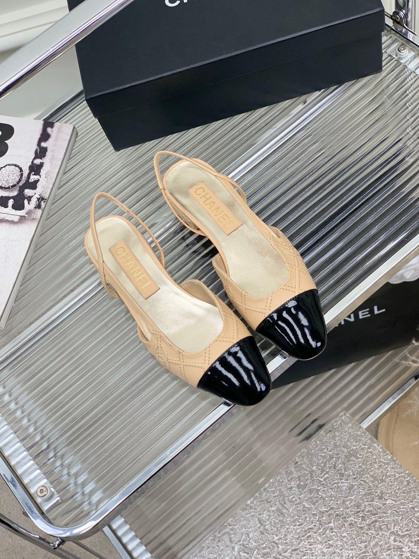 SLINGBACKS 20 BEIGE CREAM MIX BLACK CALFSKIN - 35