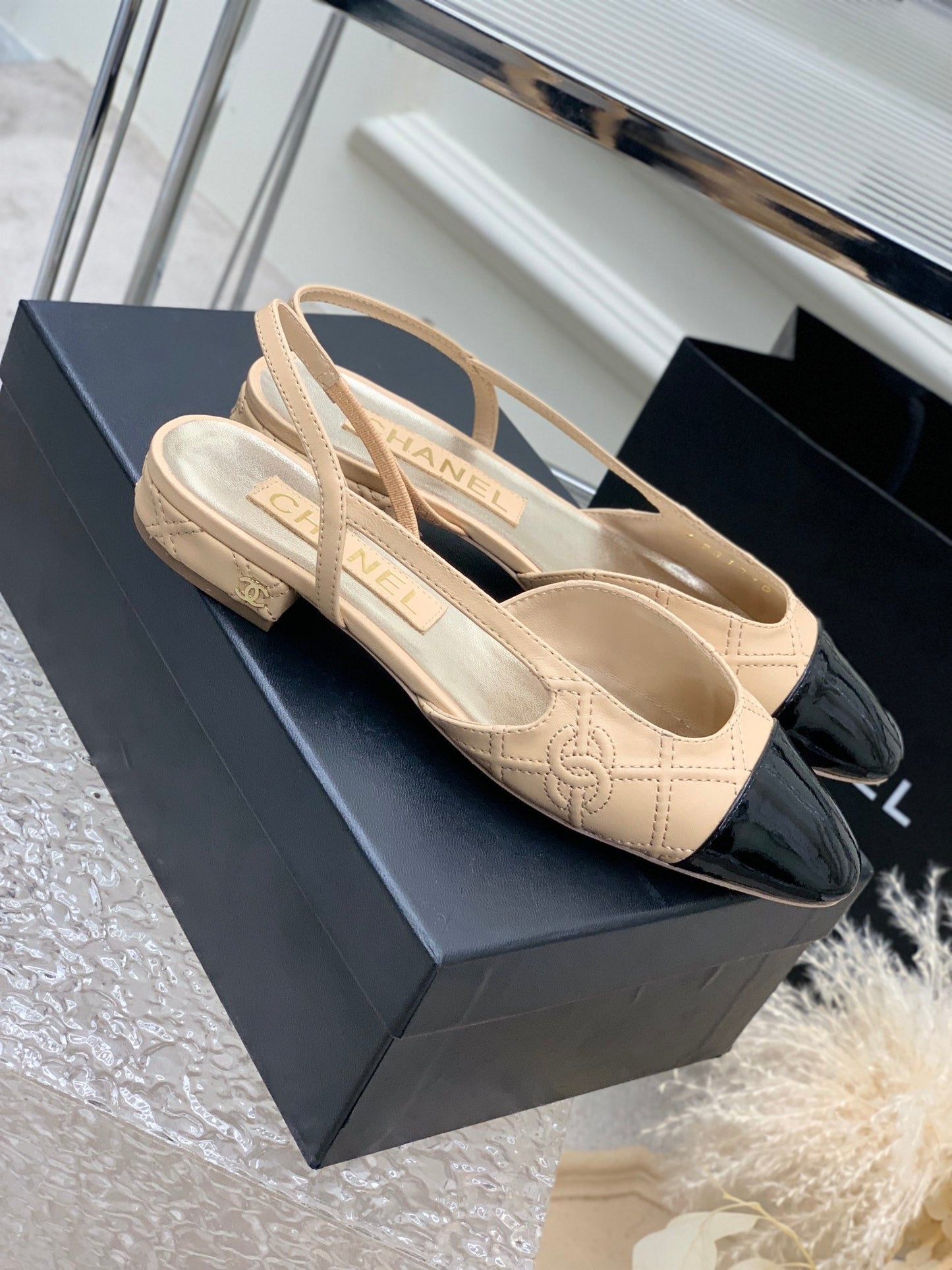 SLINGBACKS 20 BEIGE CREAM MIX BLACK CALFSKIN - 35