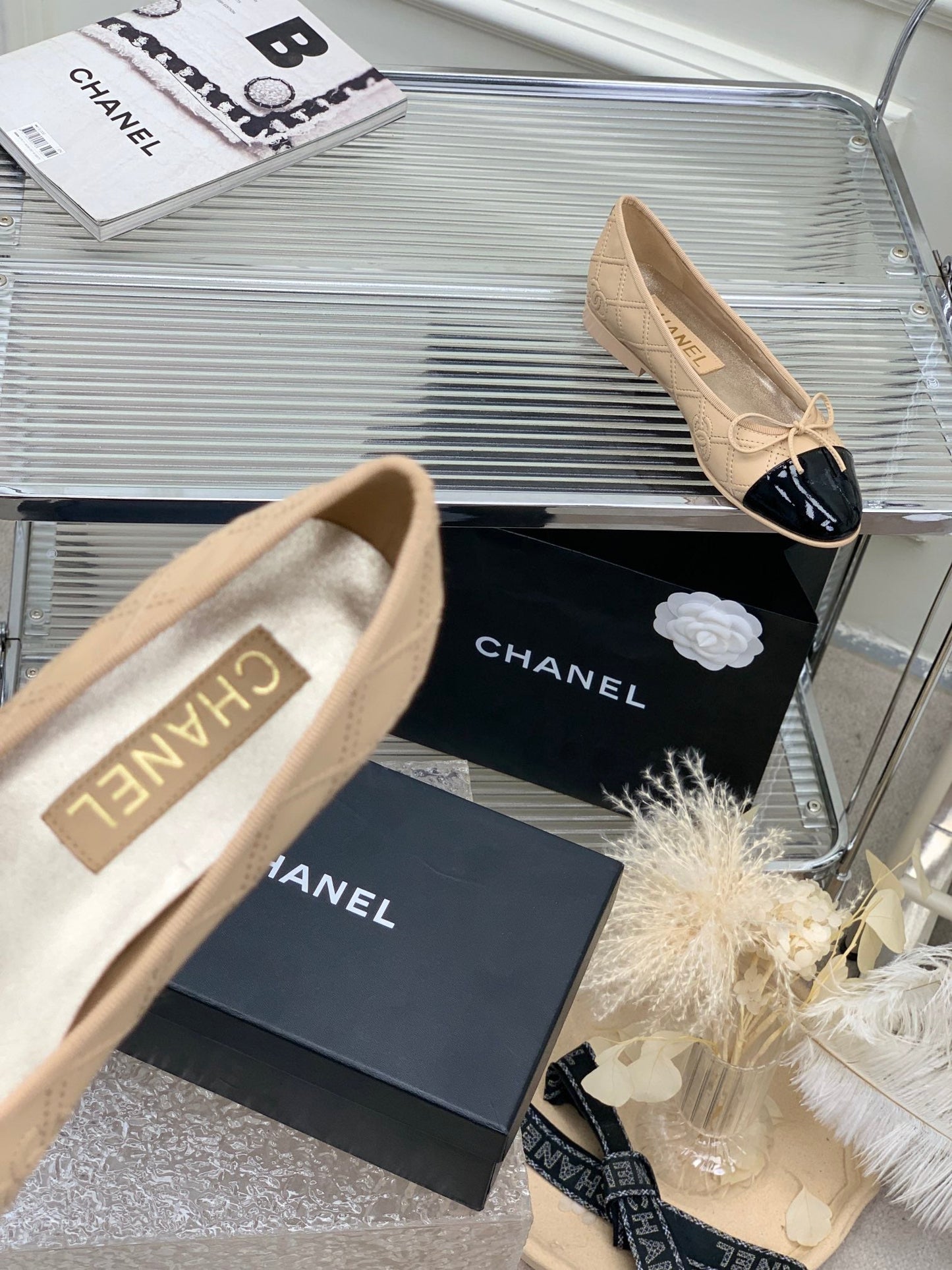 BALLET FLAT GLOSSY BLACK MIX BEIGE LAMBSKIN - 35