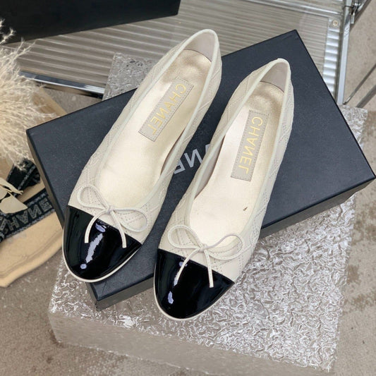 BALLET FLAT GLOSSY BLACK MIX IVORY LAMBSKIN - 35
