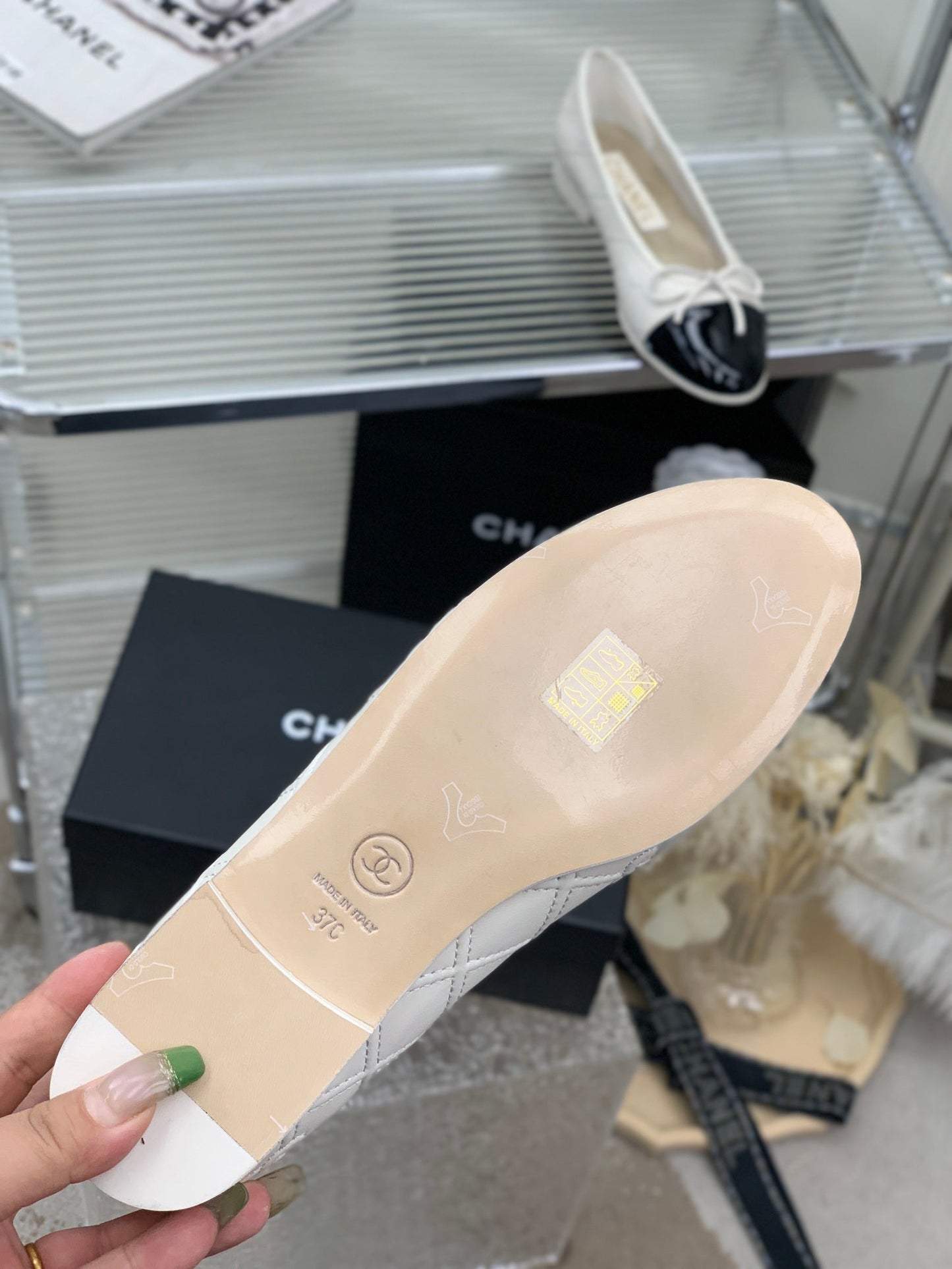 BALLET FLAT GLOSSY BLACK MIX IVORY LAMBSKIN - 35