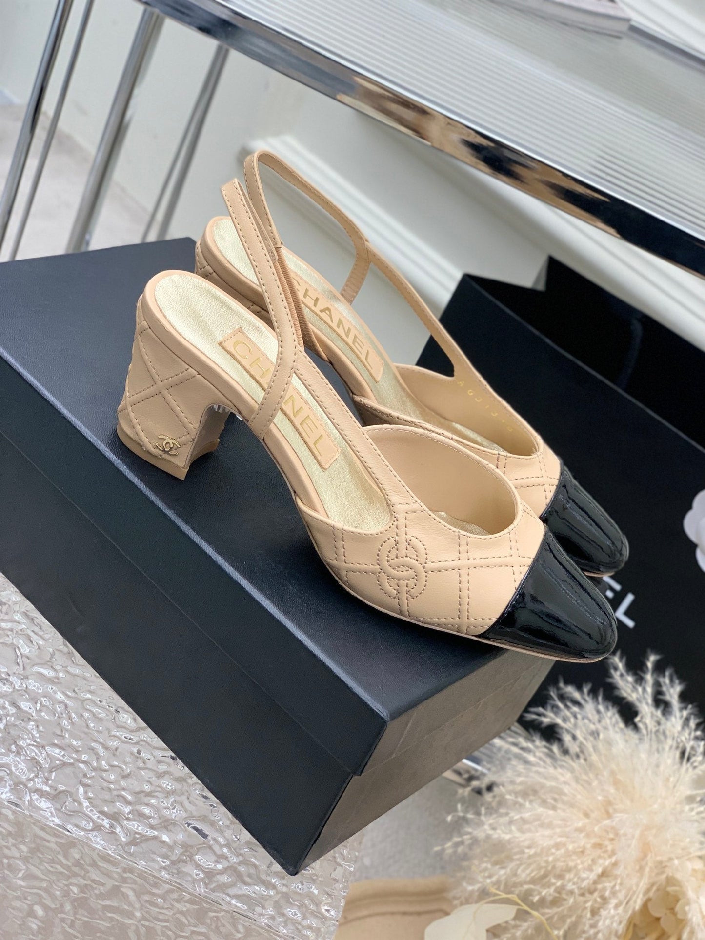 HIGH SLINGBACKS 65 BEIGE CREAM MIX BLACK CALFSKIN - 35