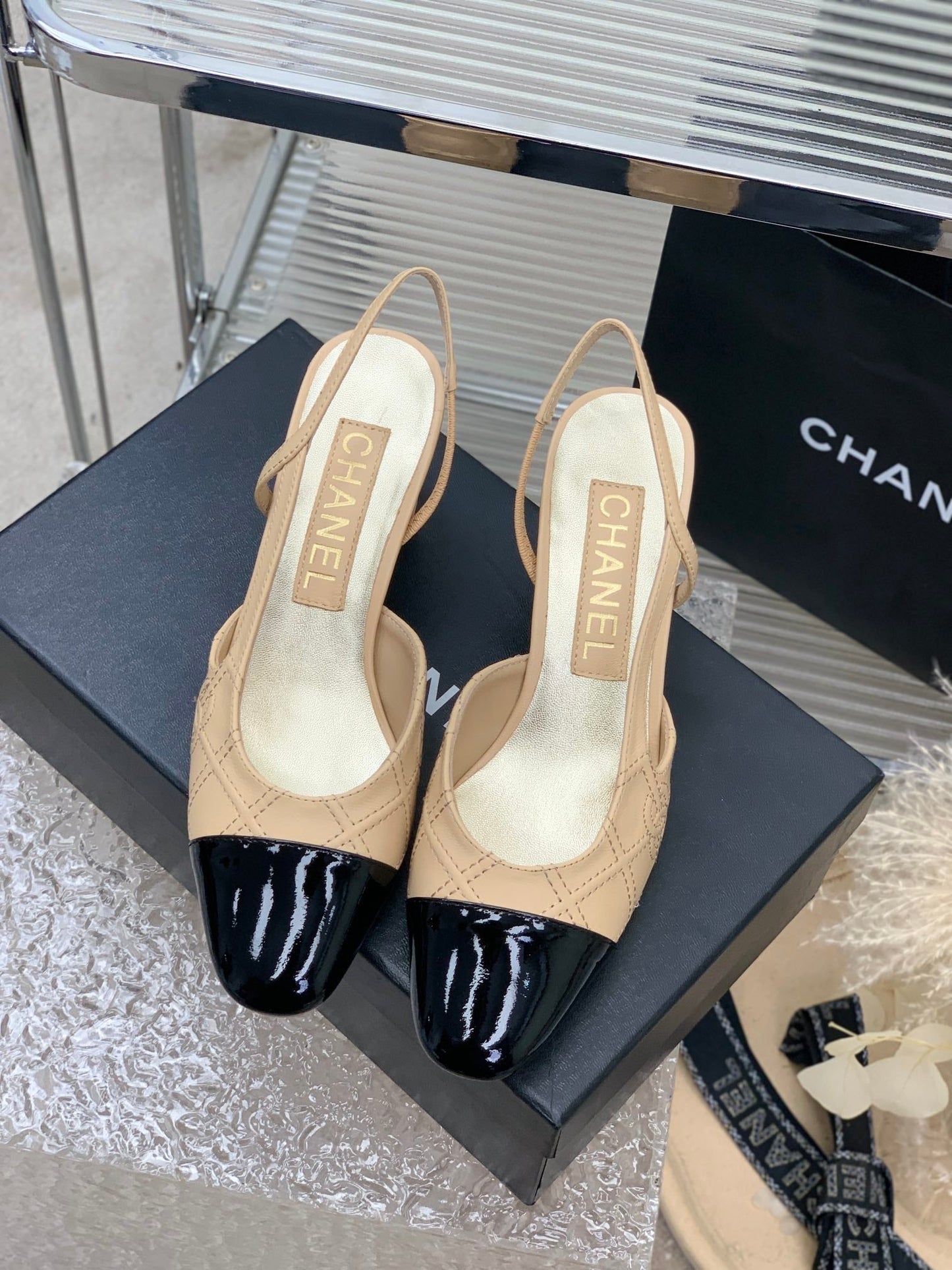HIGH SLINGBACKS 65 BEIGE CREAM MIX BLACK CALFSKIN - 35