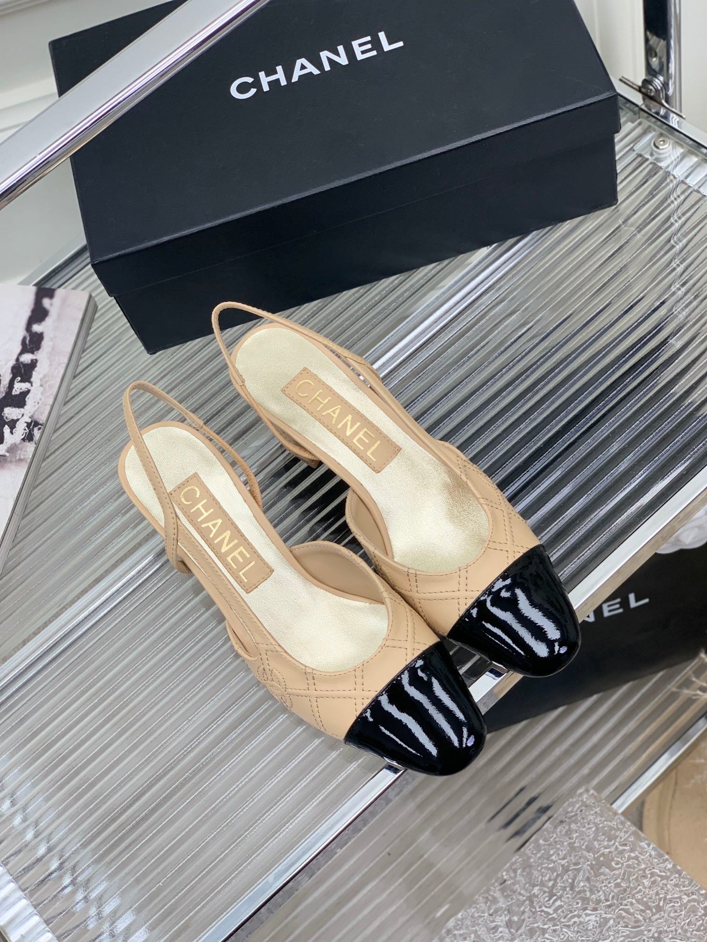 HIGH SLINGBACKS 65 BEIGE CREAM MIX BLACK CALFSKIN - 35