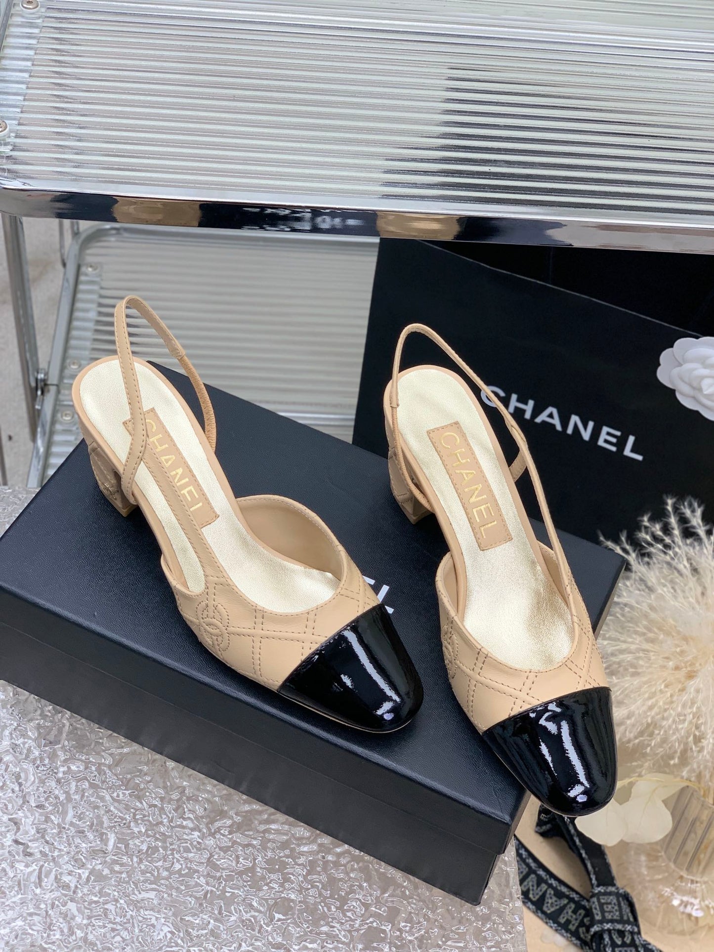 HIGH SLINGBACKS 65 BEIGE CREAM MIX BLACK CALFSKIN - 35