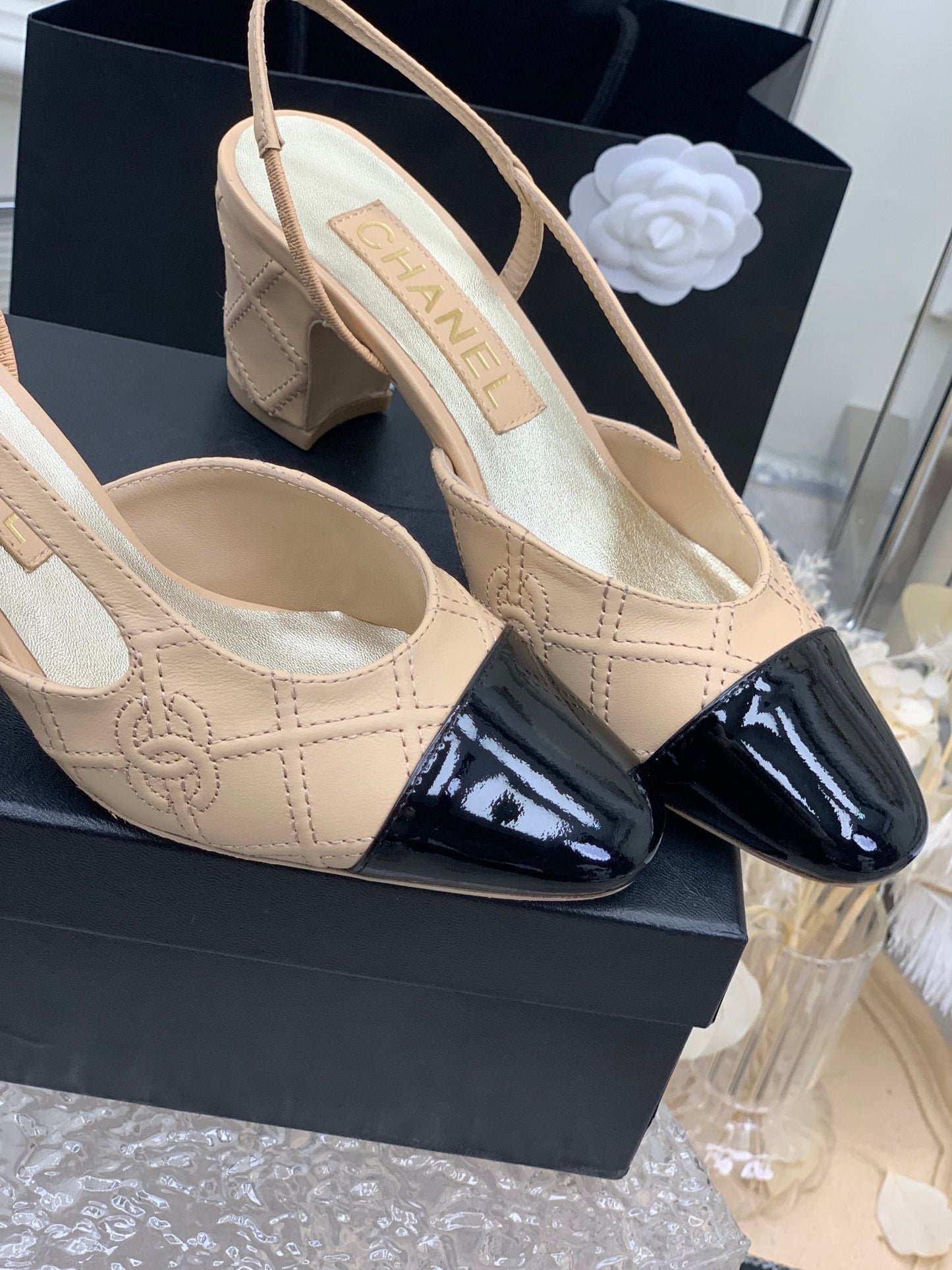 HIGH SLINGBACKS 65 BEIGE CREAM MIX BLACK CALFSKIN - 35
