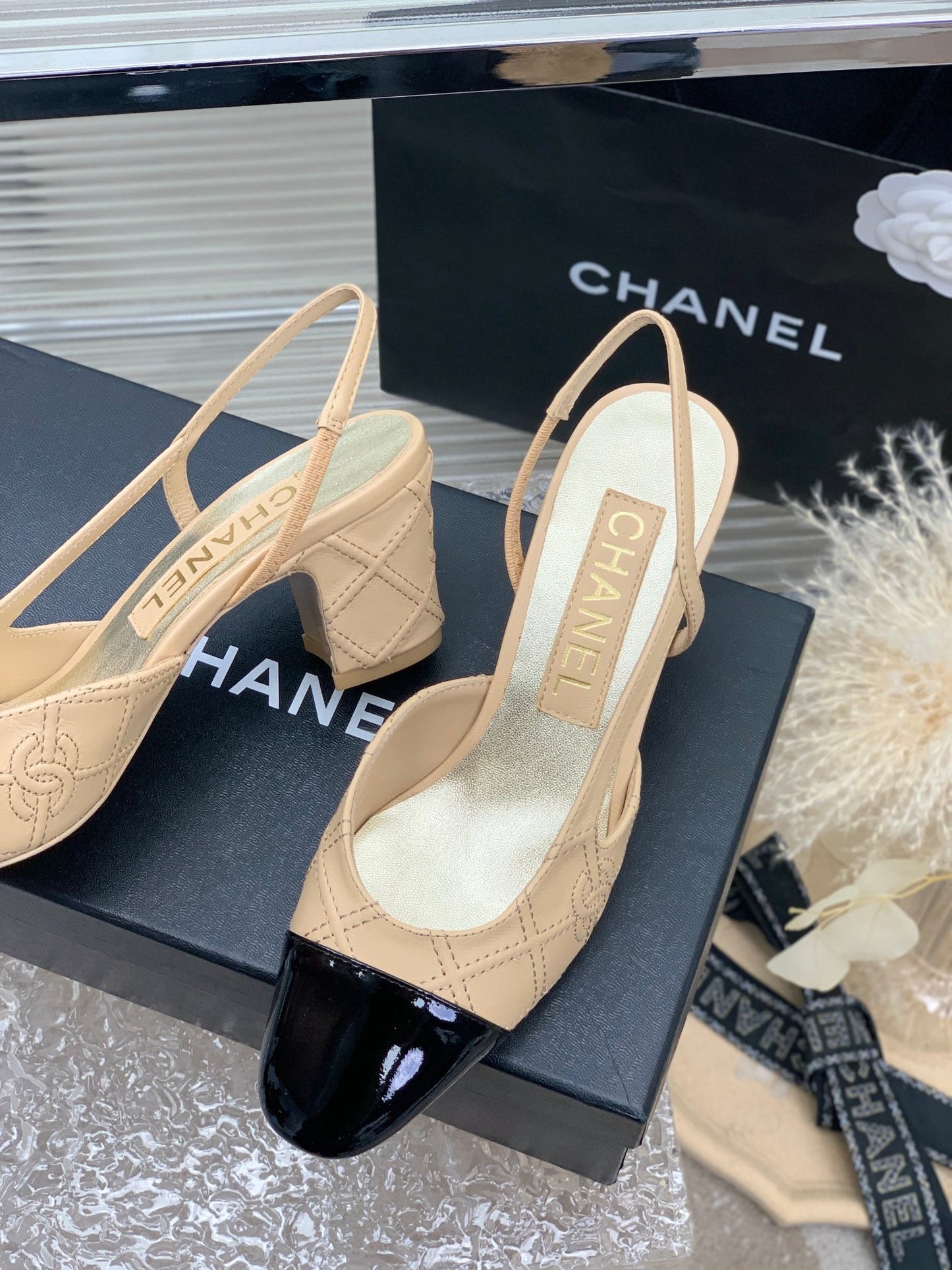 HIGH SLINGBACKS 65 BEIGE CREAM MIX BLACK CALFSKIN - 35