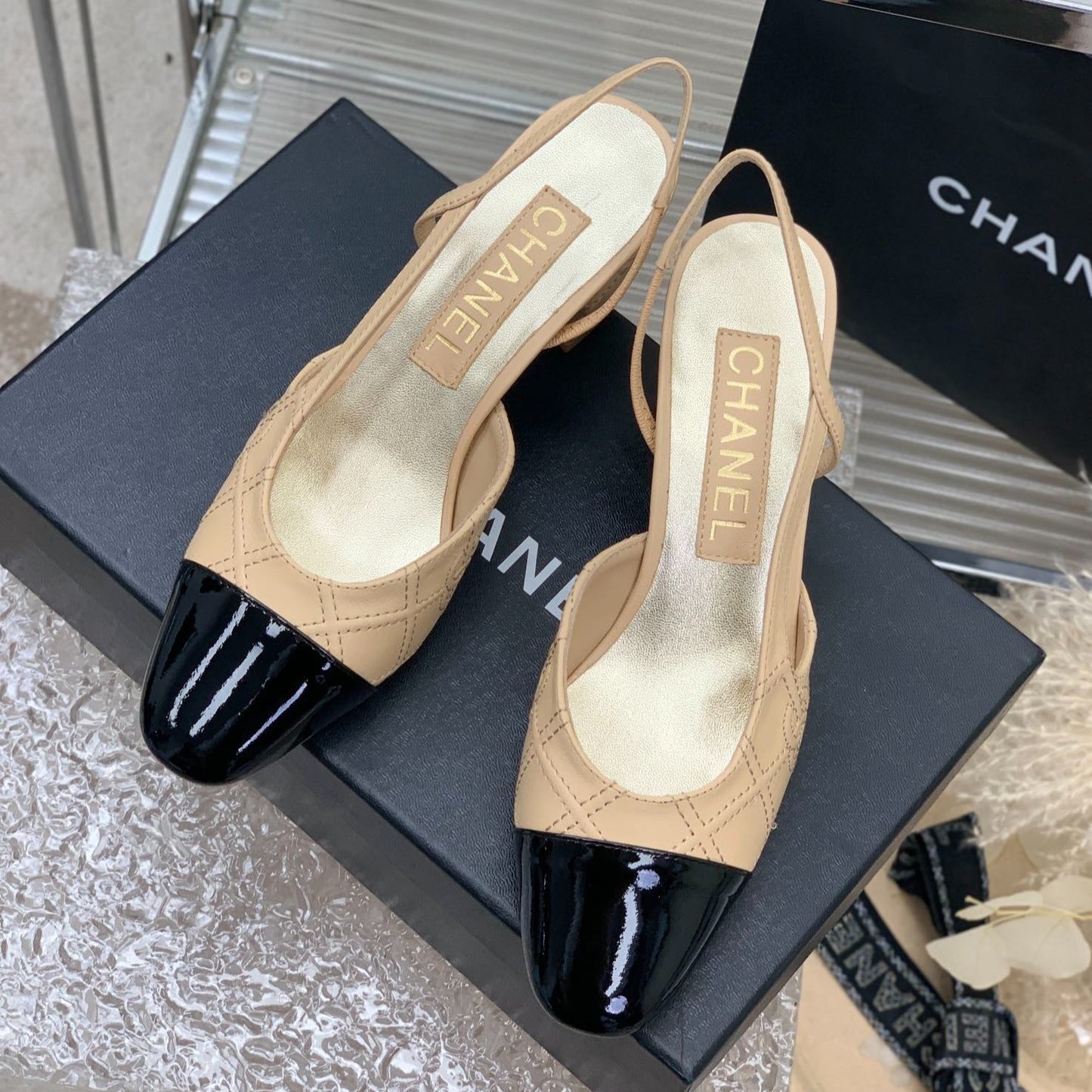 HIGH SLINGBACKS 65 BEIGE CREAM MIX BLACK CALFSKIN - 35