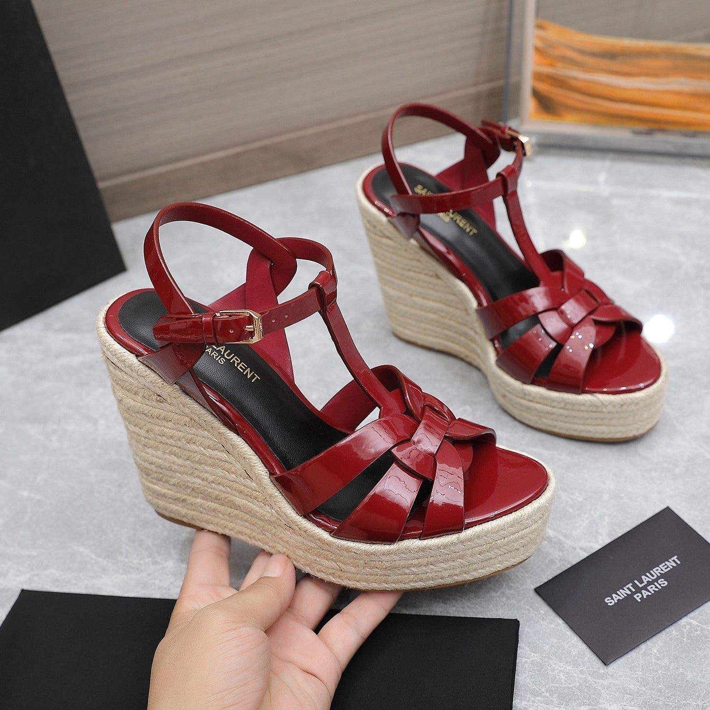 SL TRIBUTE WEDGE SANDALS BERRY POLISHED CALFSKIN - 35