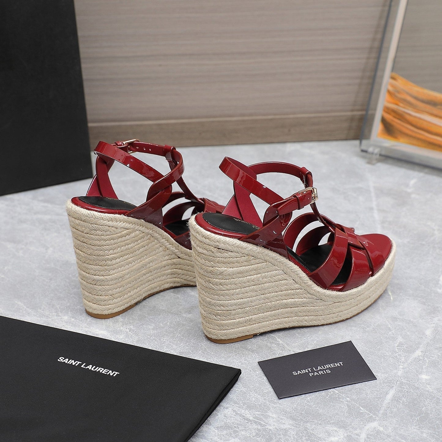 SL TRIBUTE WEDGE SANDALS BERRY POLISHED CALFSKIN - 35