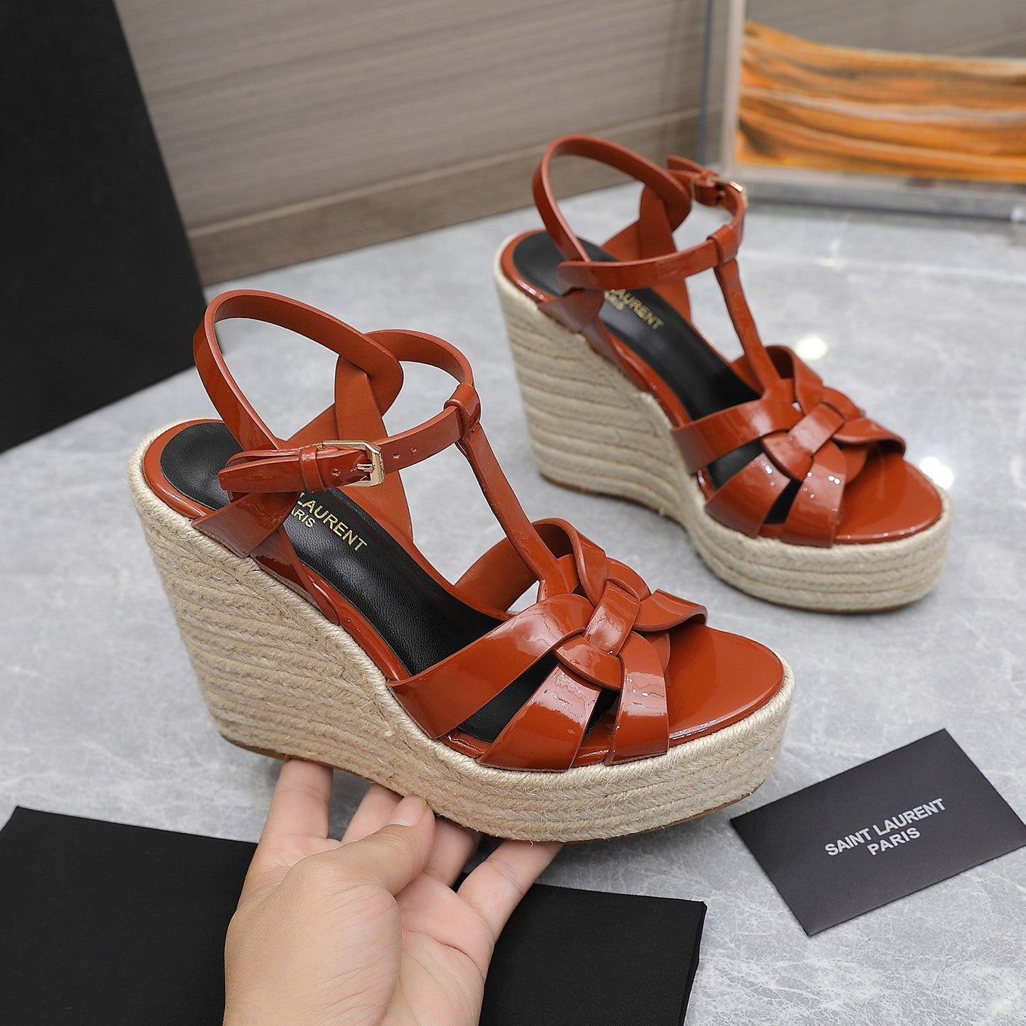 SL TRIBUTE WEDGE SANDALS BRICK POLISHED CALFSKIN - 35