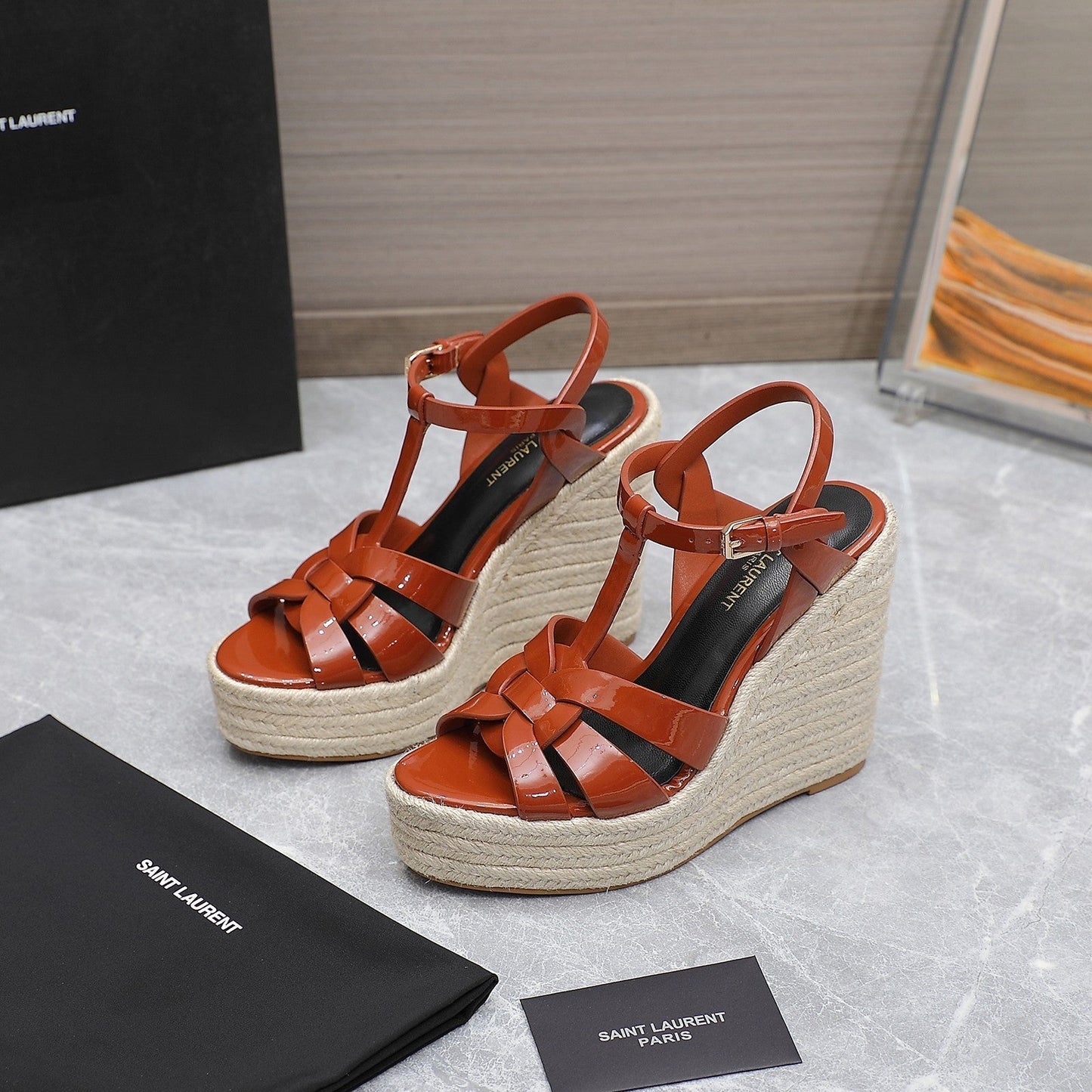 SL TRIBUTE WEDGE SANDALS BRICK POLISHED CALFSKIN - 35