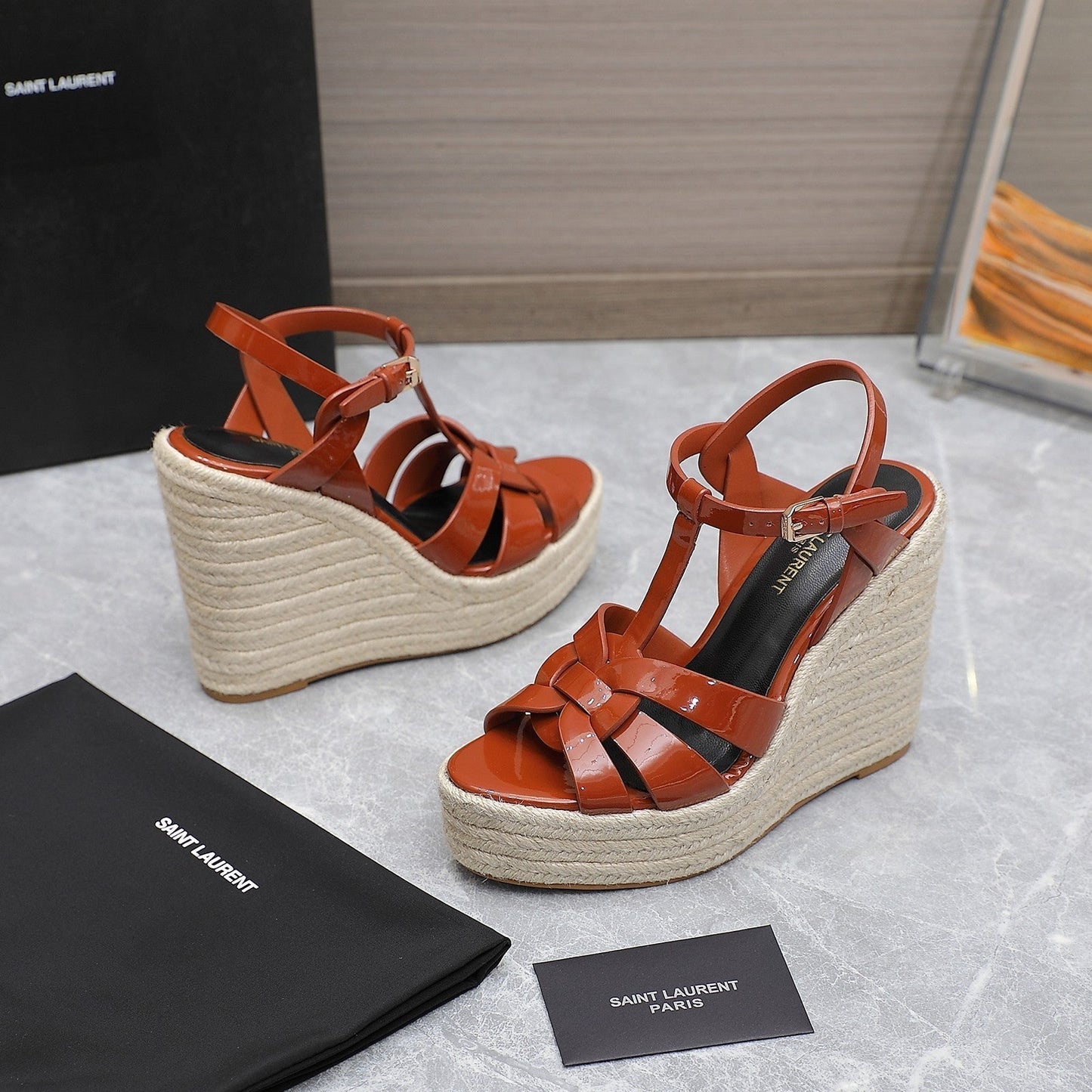 SL TRIBUTE WEDGE SANDALS BRICK POLISHED CALFSKIN - 35