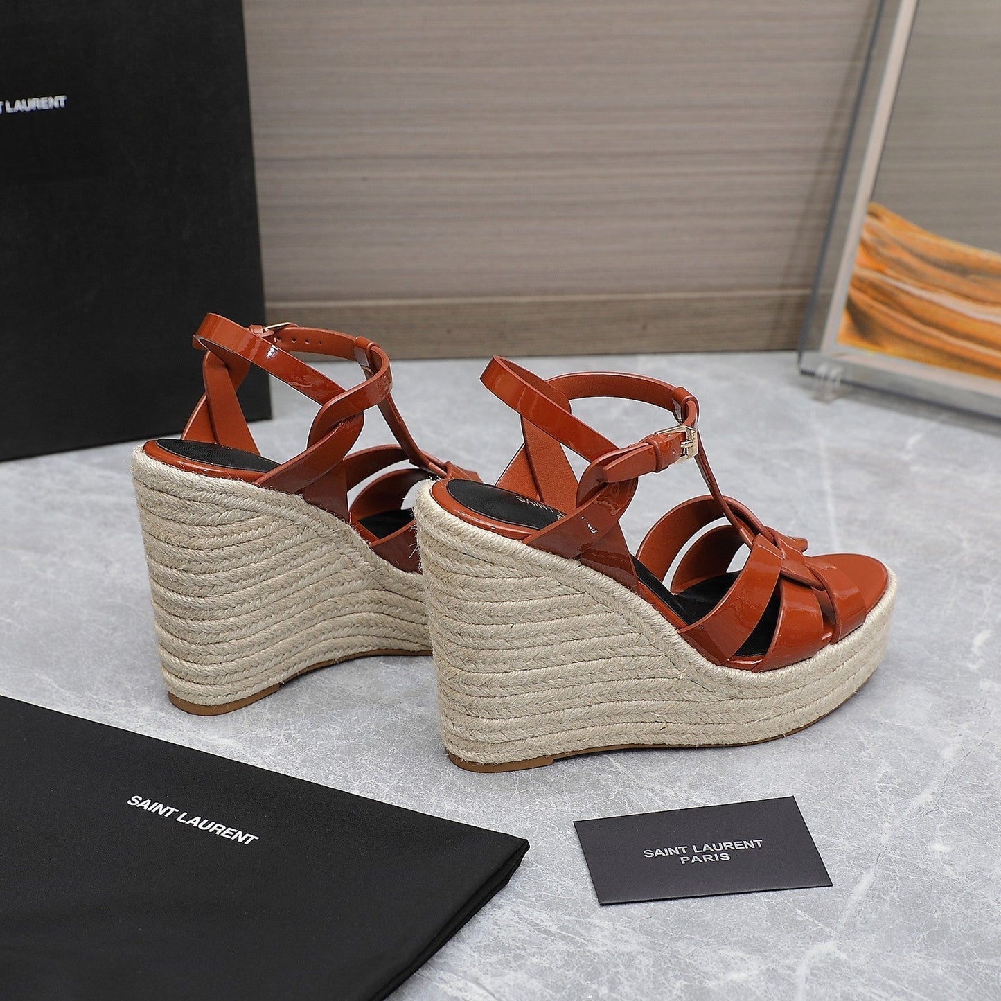 SL TRIBUTE WEDGE SANDALS BRICK POLISHED CALFSKIN - 35