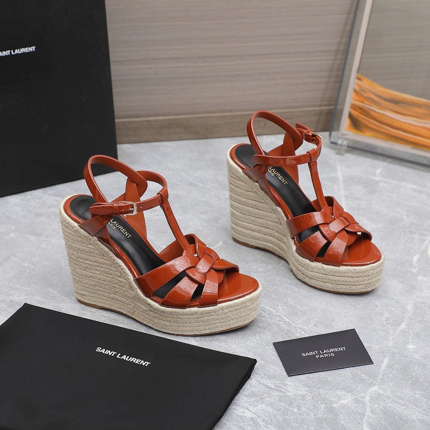 SL TRIBUTE WEDGE SANDALS BRICK POLISHED CALFSKIN - 35