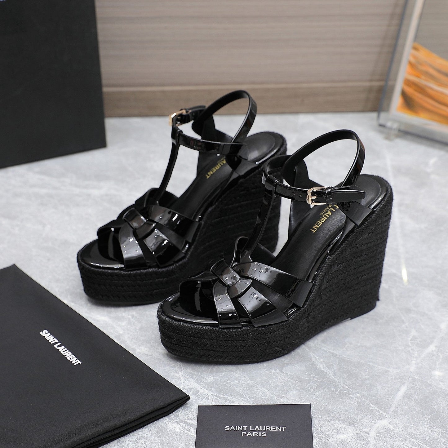 SL TRIBUTE WEDGE SANDALS BLACK POLISHED CALFSKIN - 35