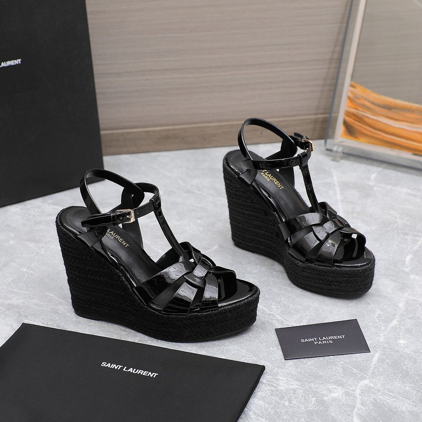 SL TRIBUTE WEDGE SANDALS BLACK POLISHED CALFSKIN - 35