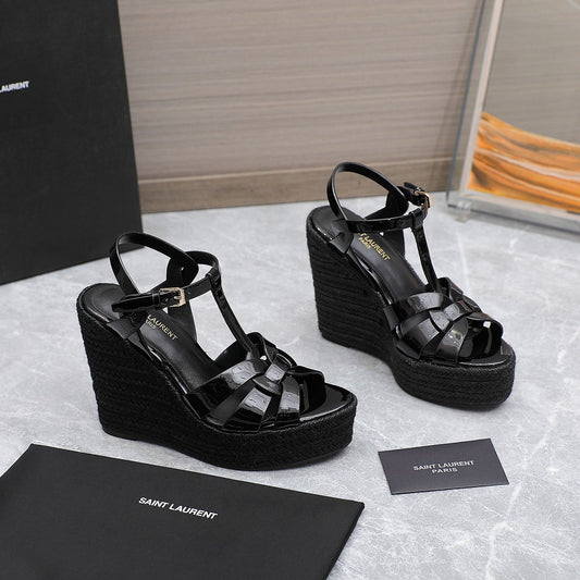 SL TRIBUTE WEDGE SANDALS BLACK POLISHED CALFSKIN - 35