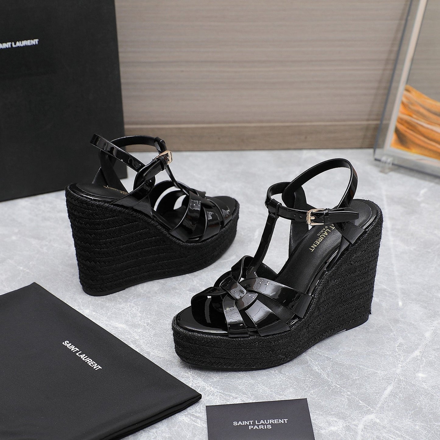 SL TRIBUTE WEDGE SANDALS BLACK POLISHED CALFSKIN - 35