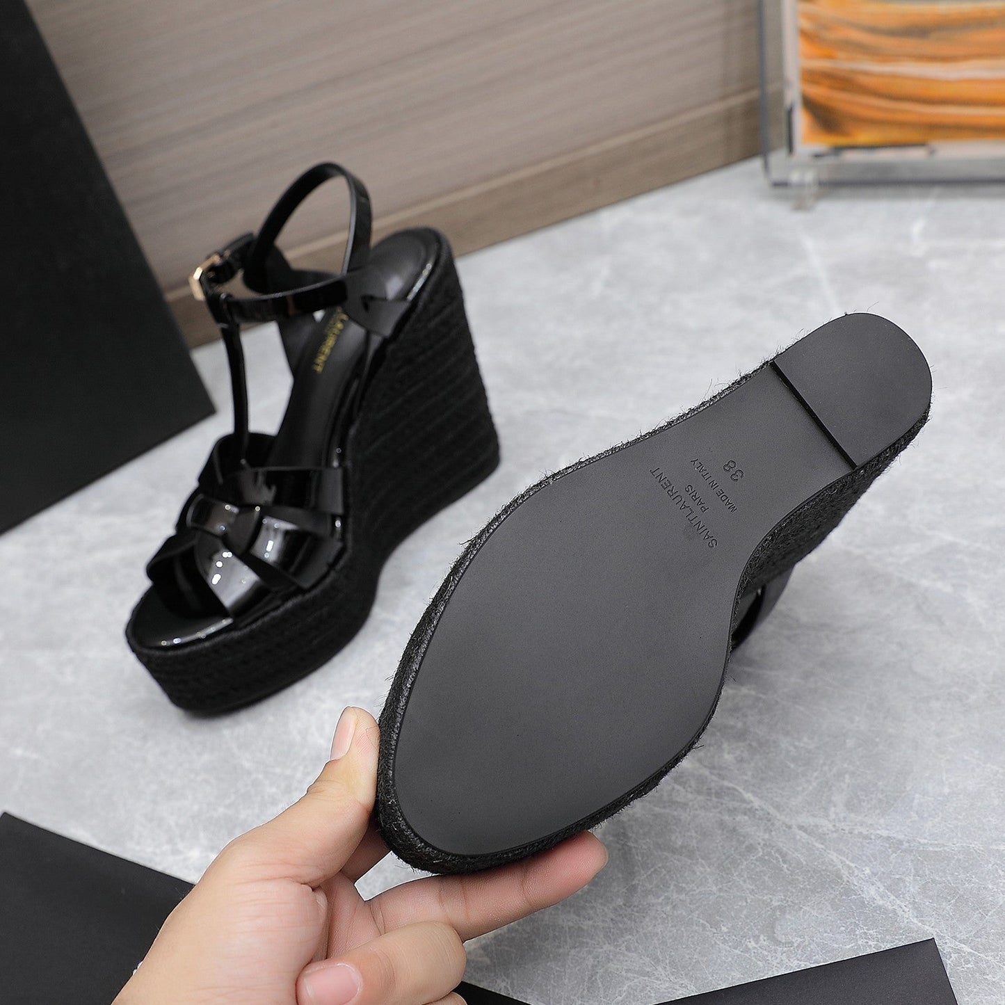 SL TRIBUTE WEDGE SANDALS BLACK POLISHED CALFSKIN - 35