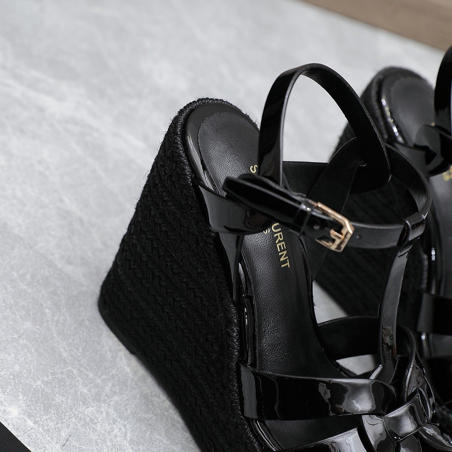 SL TRIBUTE WEDGE SANDALS BLACK POLISHED CALFSKIN - 35
