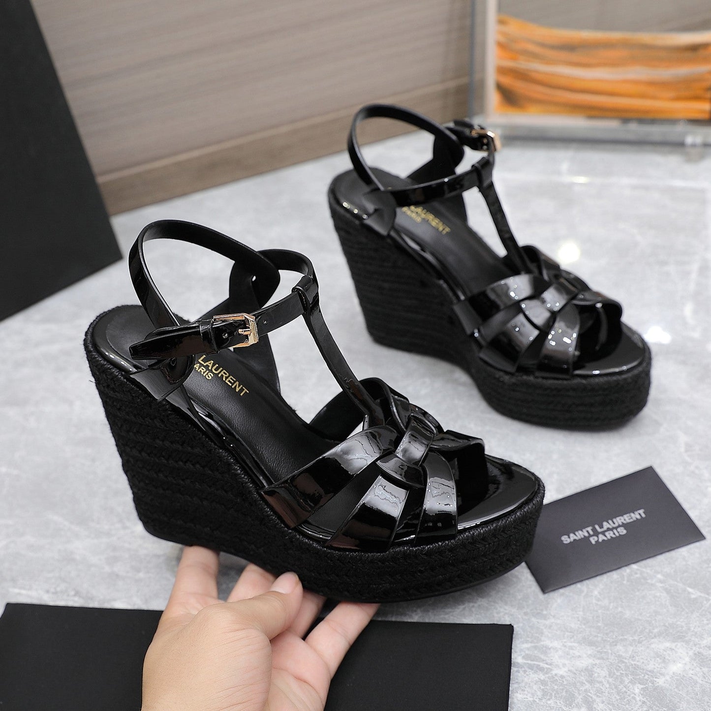 SL TRIBUTE WEDGE SANDALS BLACK POLISHED CALFSKIN - 35