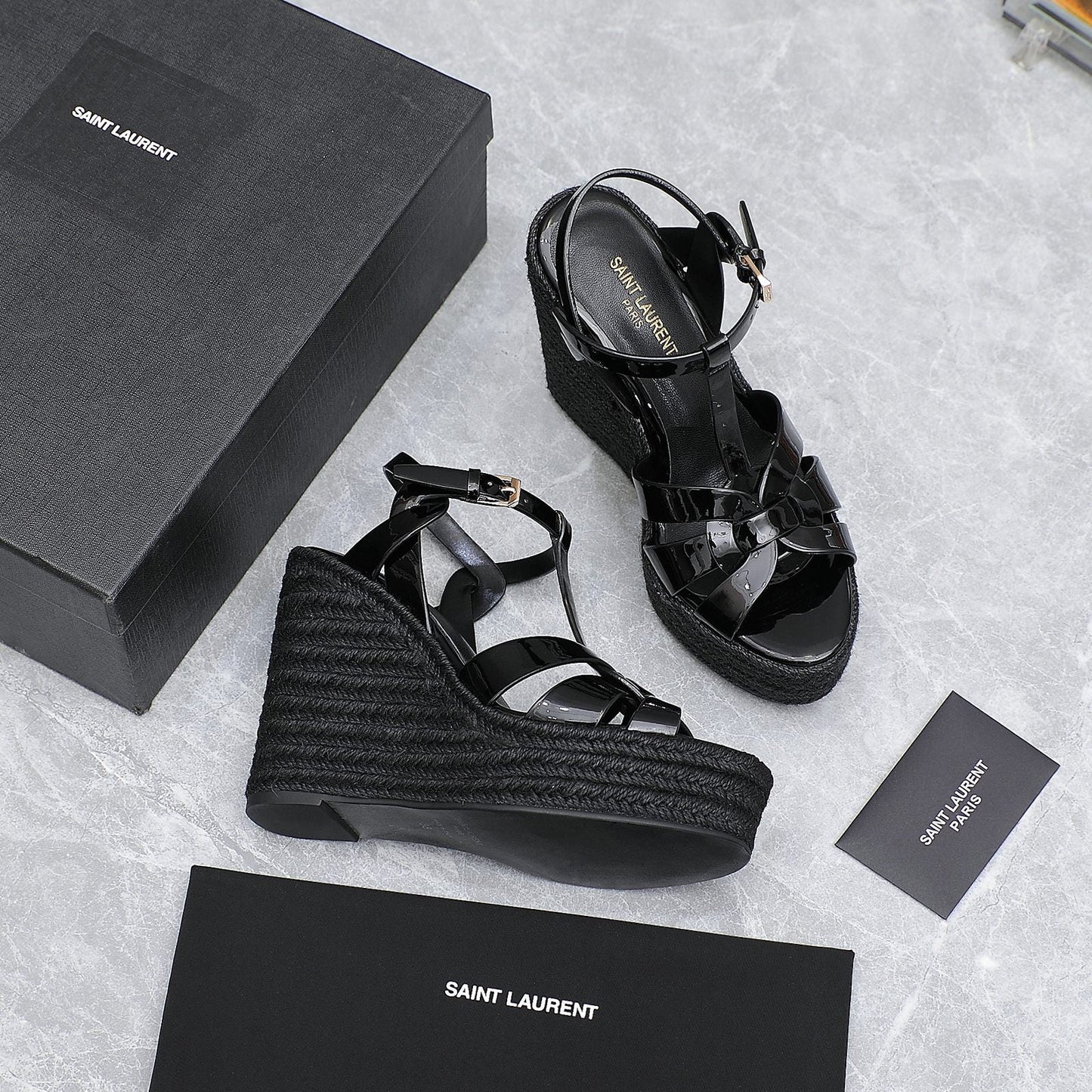 SL TRIBUTE WEDGE SANDALS BLACK POLISHED CALFSKIN - 35