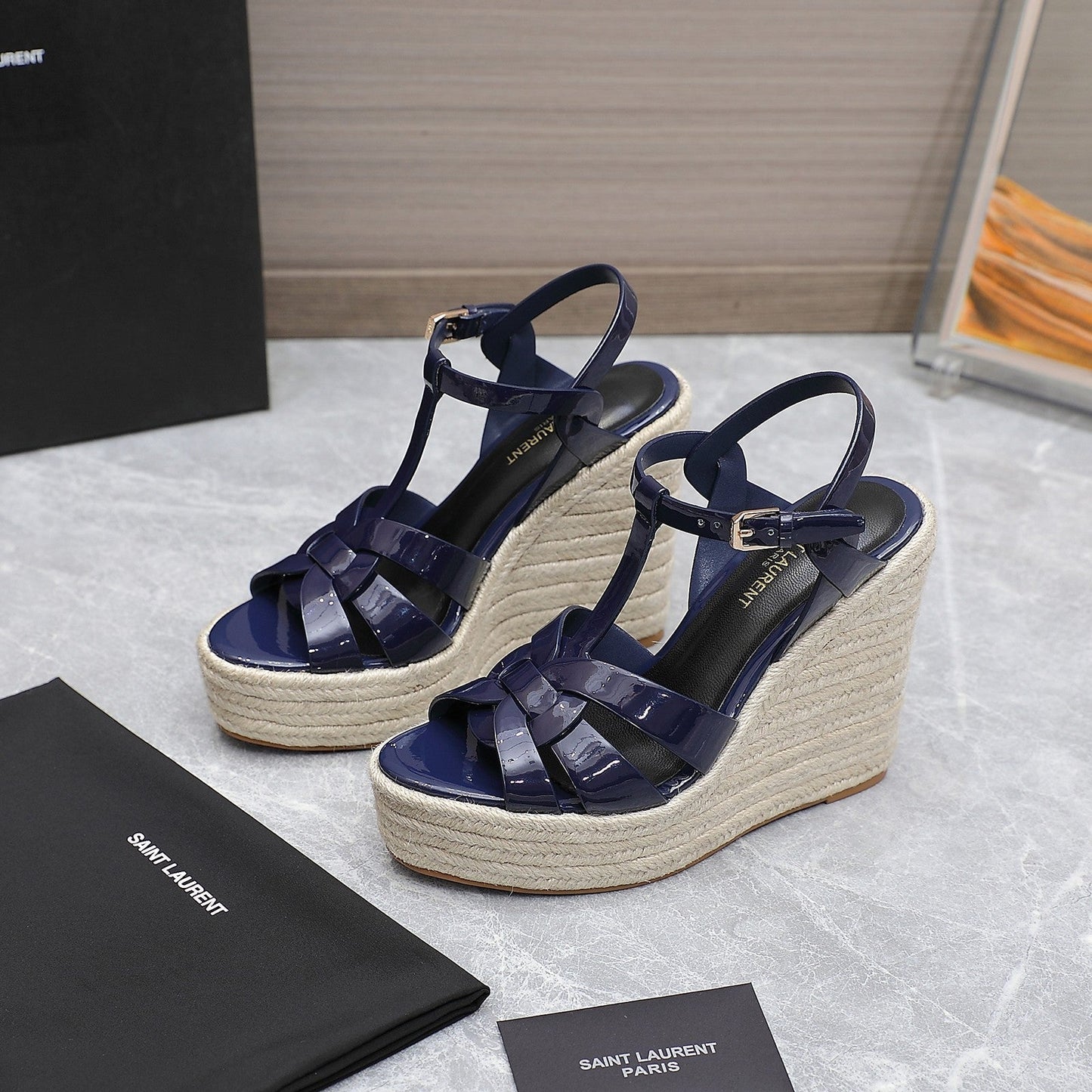 SL TRIBUTE WEDGE SANDALS NAVY POLISHED CALFSKIN - 35