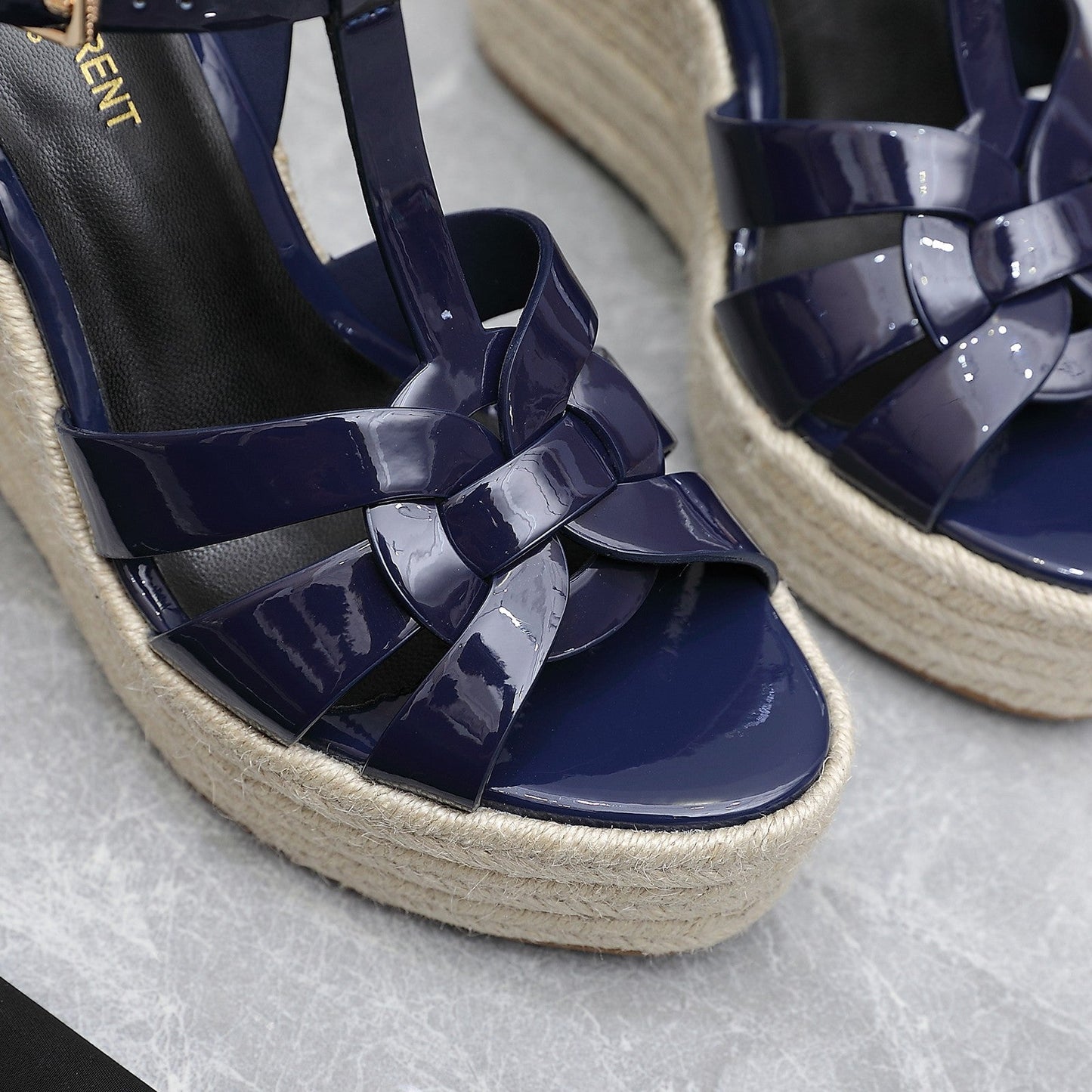 SL TRIBUTE WEDGE SANDALS NAVY POLISHED CALFSKIN - 35