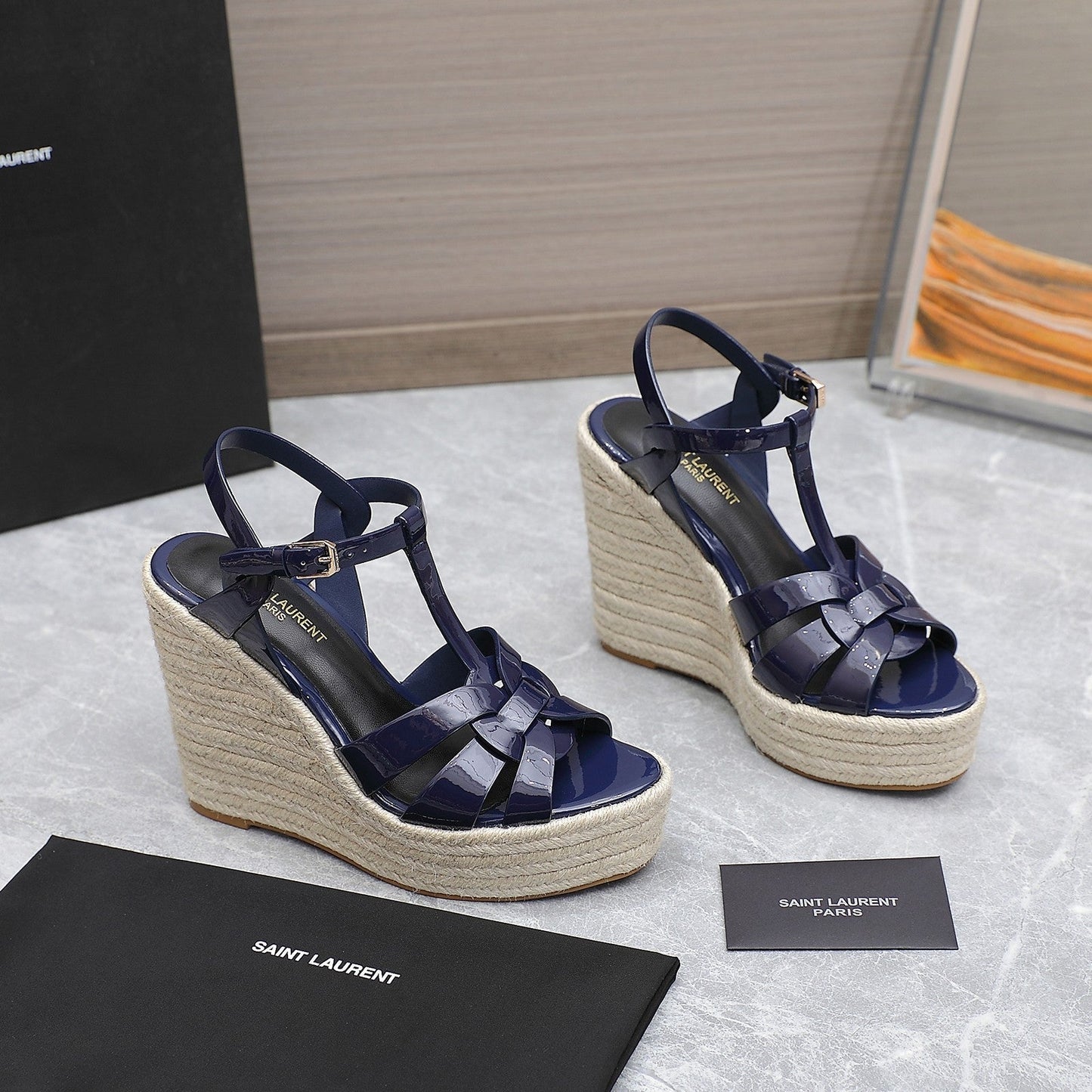 SL TRIBUTE WEDGE SANDALS NAVY POLISHED CALFSKIN - 35