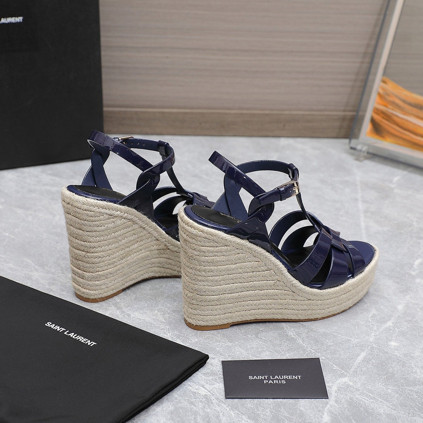 SL TRIBUTE WEDGE SANDALS NAVY POLISHED CALFSKIN - 35