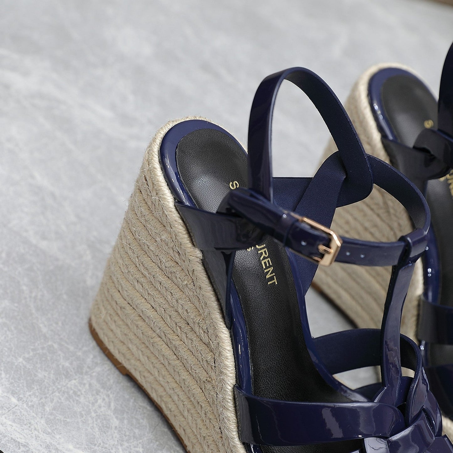 SL TRIBUTE WEDGE SANDALS NAVY POLISHED CALFSKIN - 35