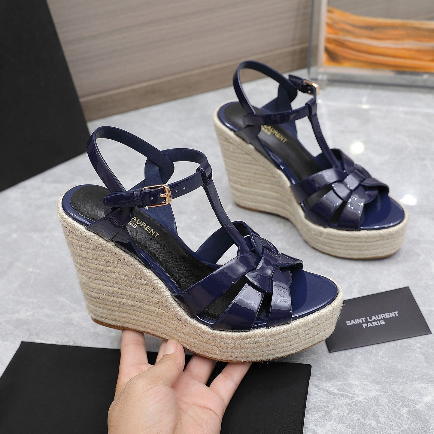 SL TRIBUTE WEDGE SANDALS NAVY POLISHED CALFSKIN - 35