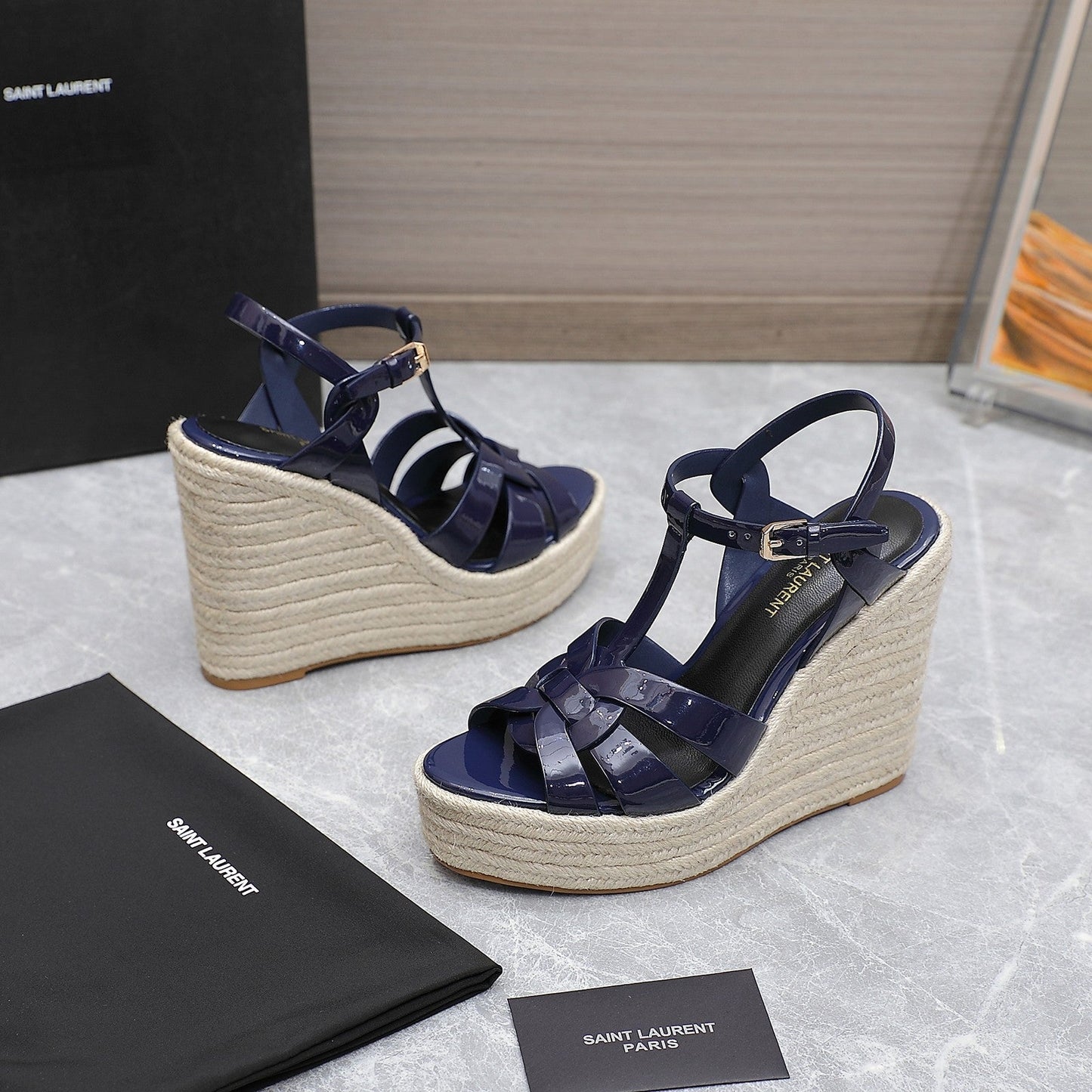SL TRIBUTE WEDGE SANDALS NAVY POLISHED CALFSKIN - 35