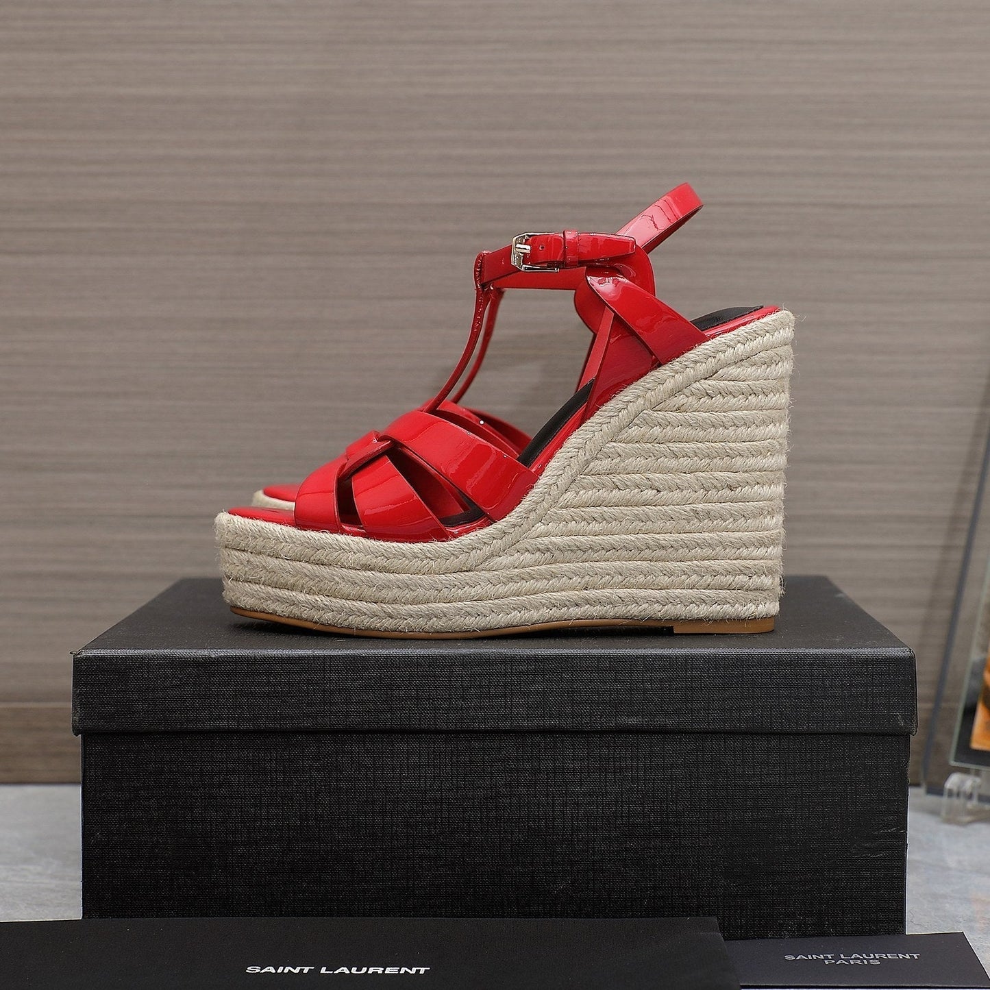 SL TRIBUTE WEDGE SANDALS CRIMSON POLISHED CALFSKIN - 35