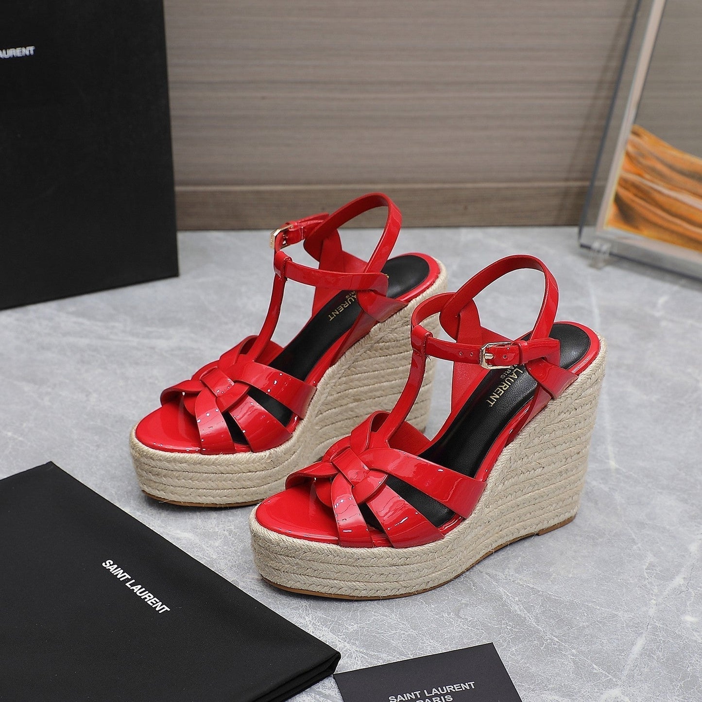 SL TRIBUTE WEDGE SANDALS CRIMSON POLISHED CALFSKIN - 35
