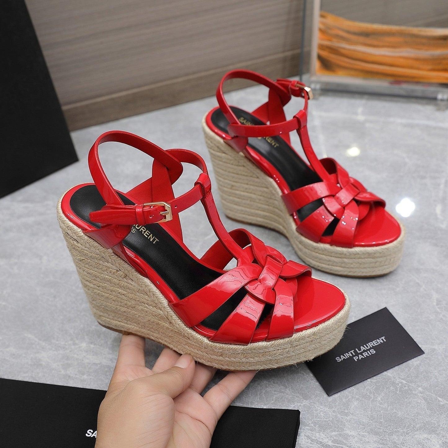 SL TRIBUTE WEDGE SANDALS CRIMSON POLISHED CALFSKIN - 35