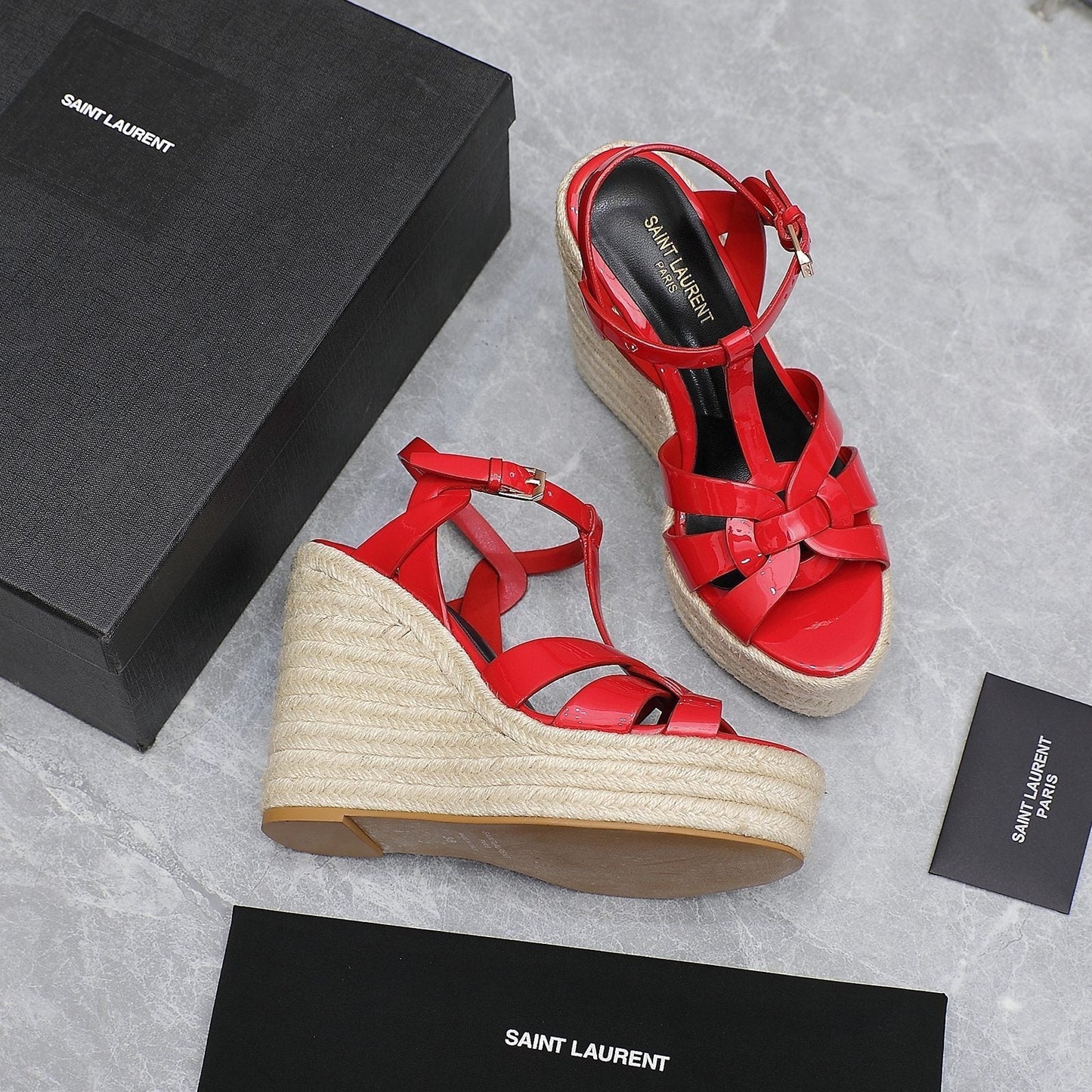 SL TRIBUTE WEDGE SANDALS CRIMSON POLISHED CALFSKIN - 35