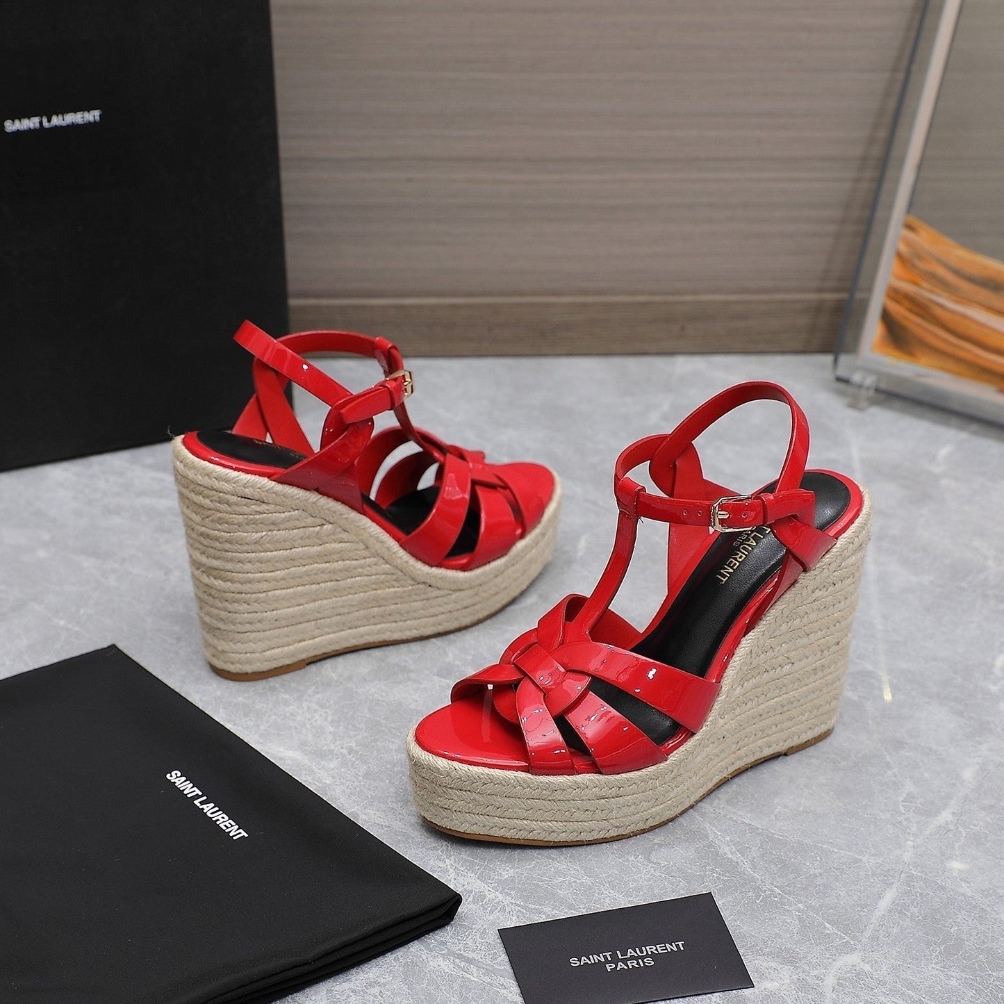 SL TRIBUTE WEDGE SANDALS CRIMSON POLISHED CALFSKIN - 35