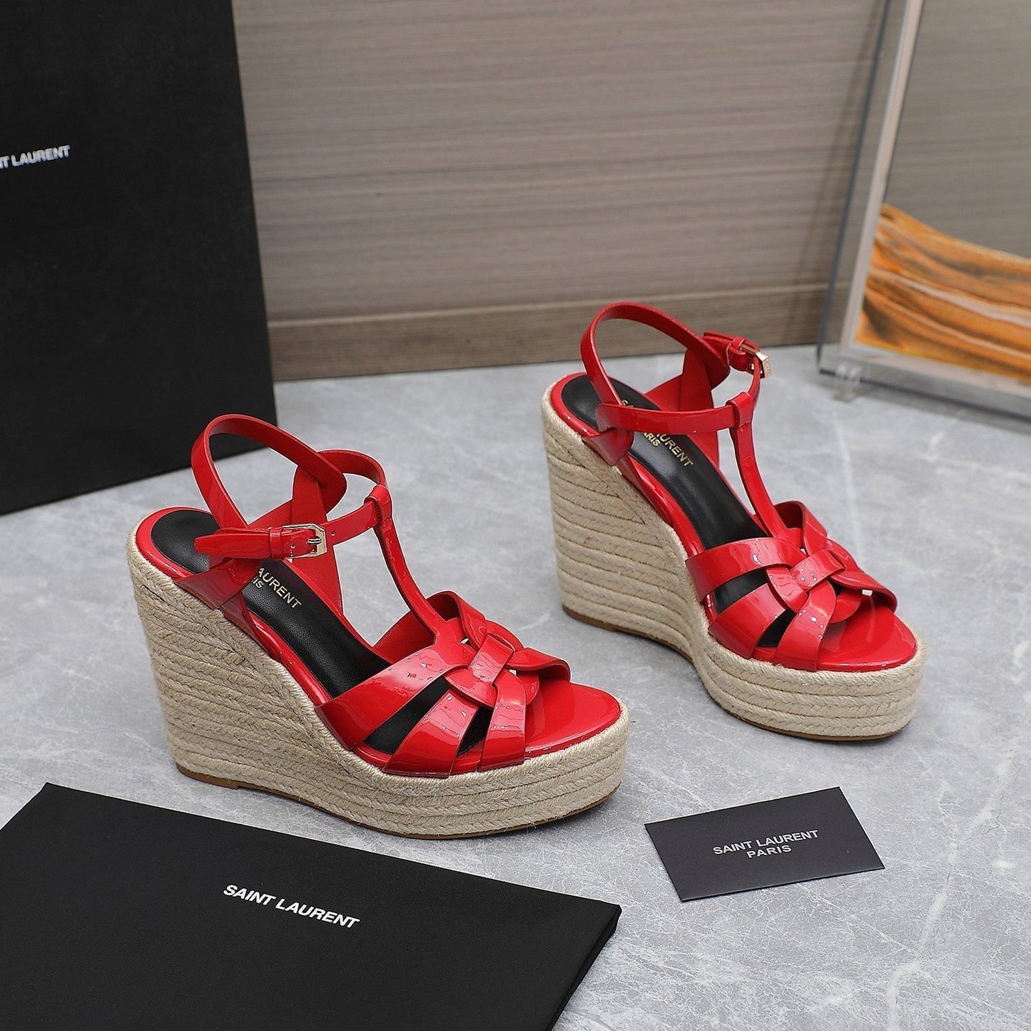 SL TRIBUTE WEDGE SANDALS CRIMSON POLISHED CALFSKIN - 35