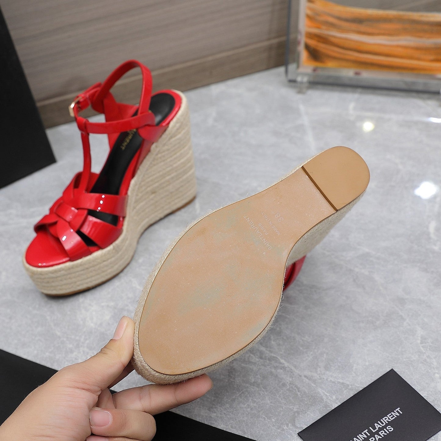 SL TRIBUTE WEDGE SANDALS CRIMSON POLISHED CALFSKIN - 35