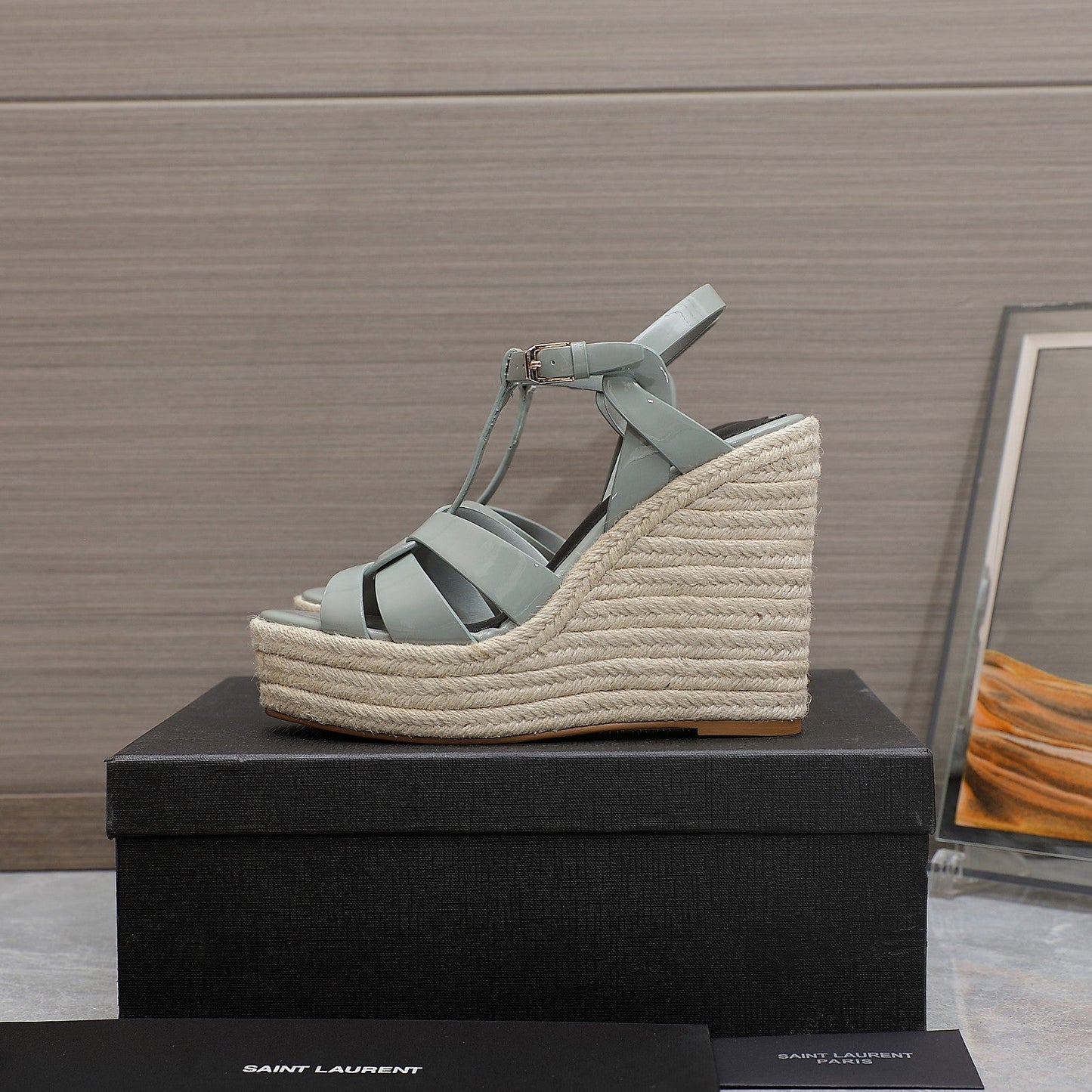 SL TRIBUTE WEDGE SANDALS TEMPERED GREY POLISHED CALFSKIN - 35
